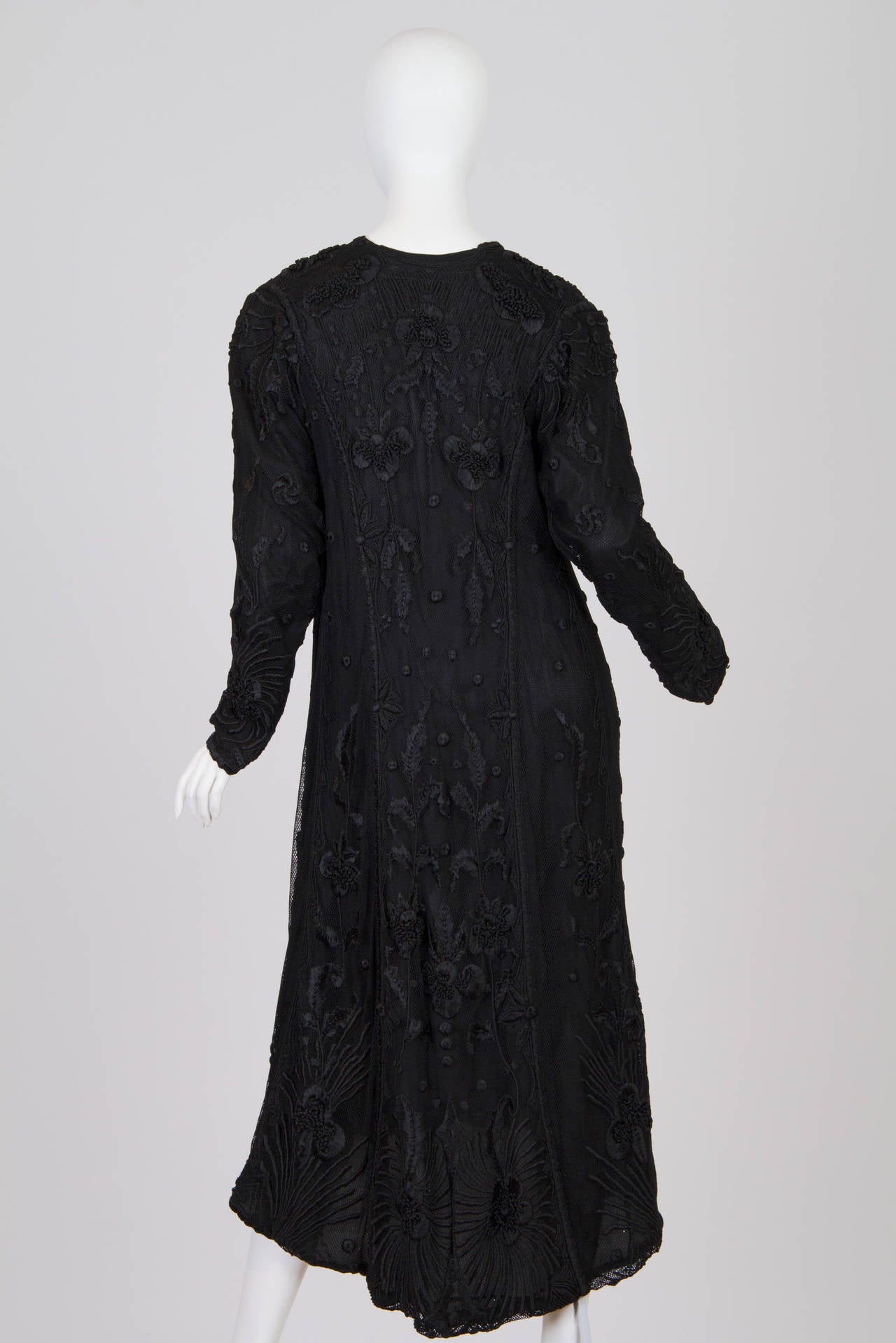 Women's Edwardian Black Hand Embroidered Silk Net Long Duster For Sale