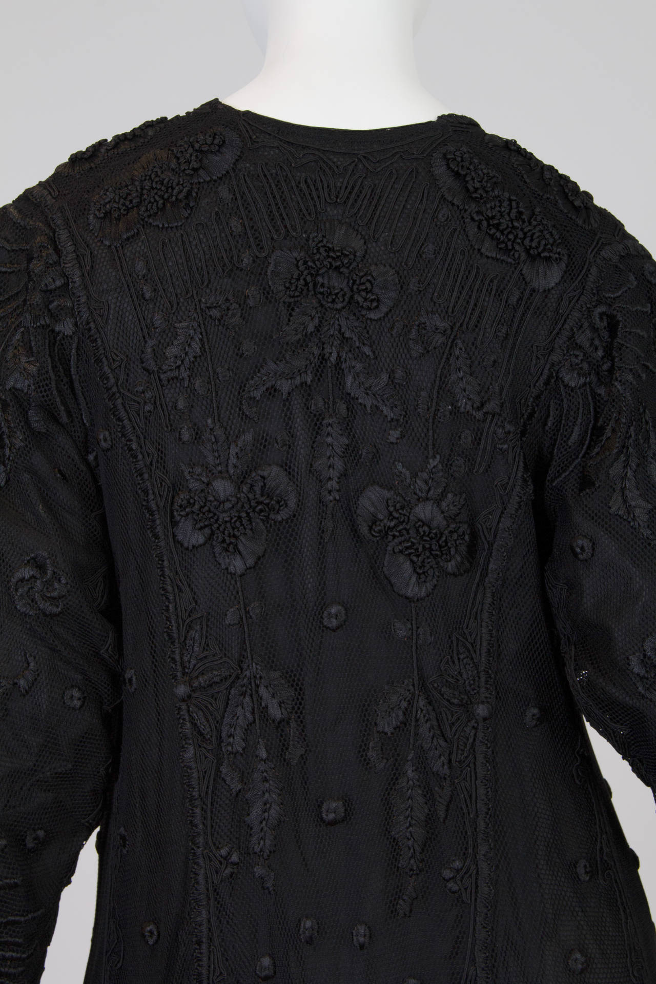 Edwardian Black Hand Embroidered Silk Net Long Duster For Sale 2