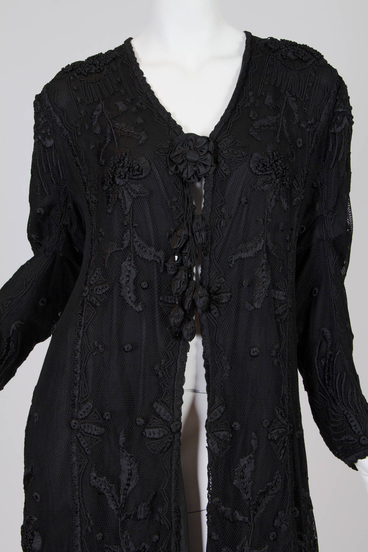 Edwardian Black Hand Embroidered Silk Net Long Duster For Sale 3