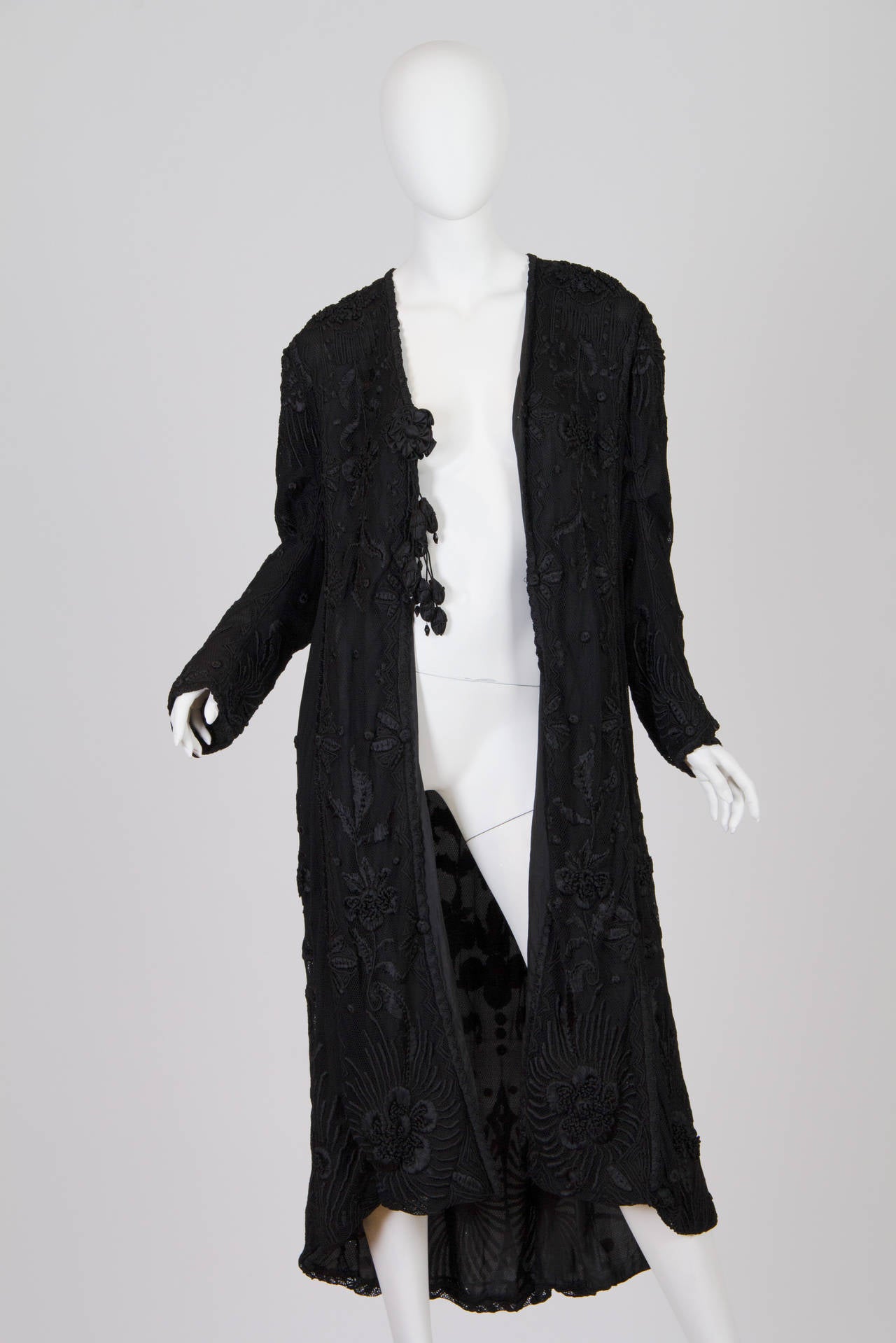 Edwardian Black Hand Embroidered Silk Net Long Duster For Sale 4