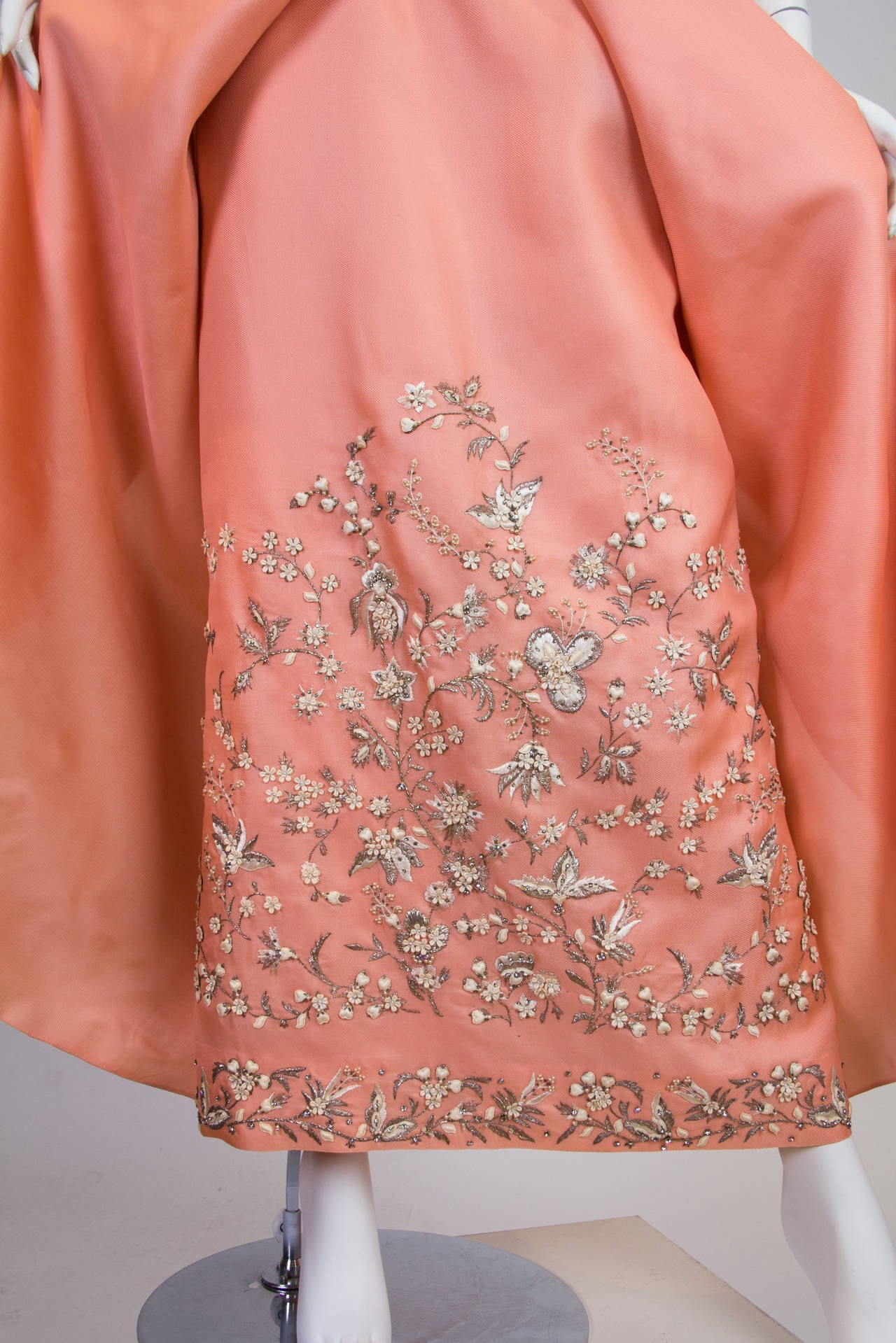 1960S LANVIN Salmon Pink Haute Couture Silk Gown With Lesage Silver & Lace Embr In Excellent Condition In New York, NY