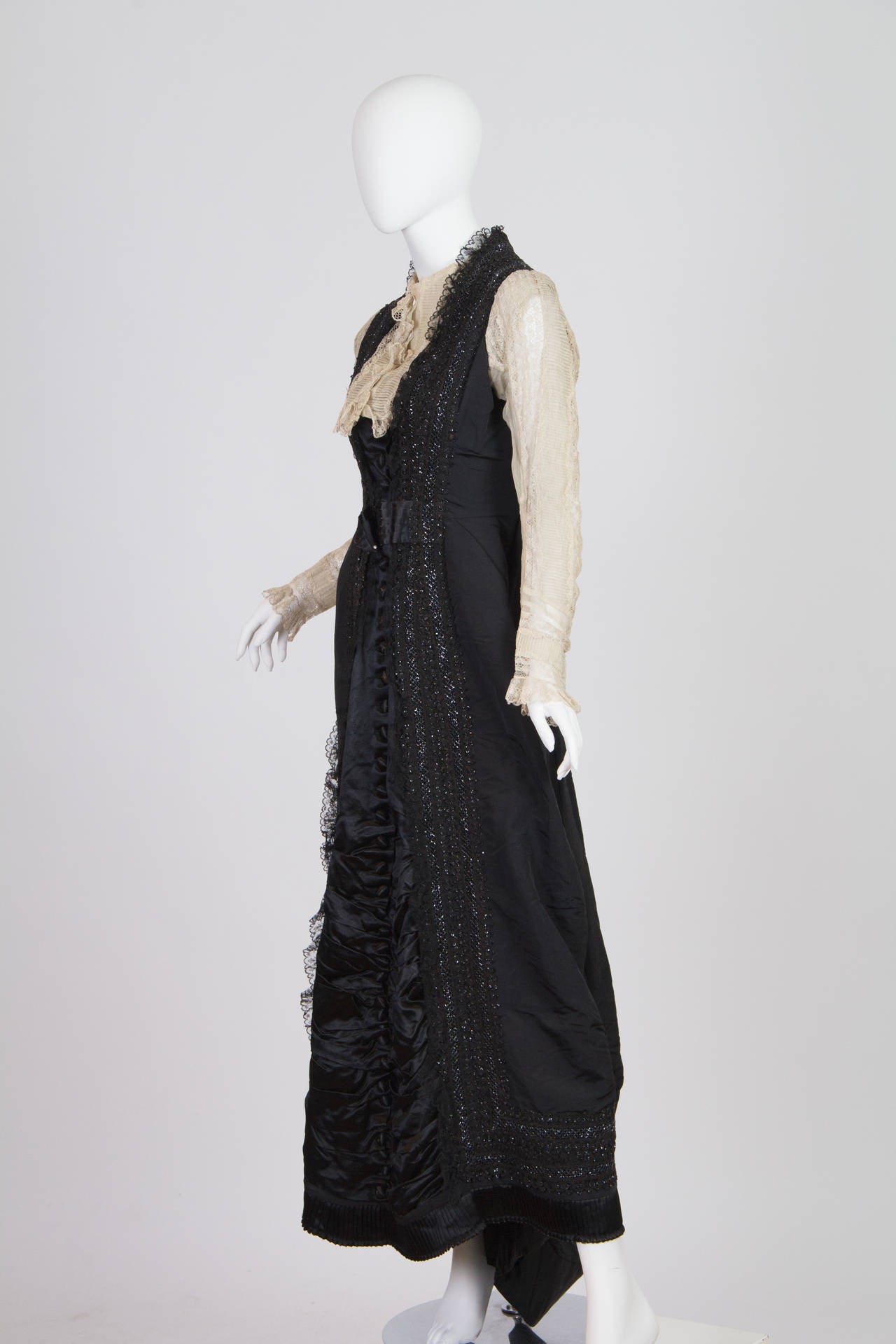 Victorian Black & White Haute Couture Silk Organdy 1880S Bustle Dress With Beaded Trim