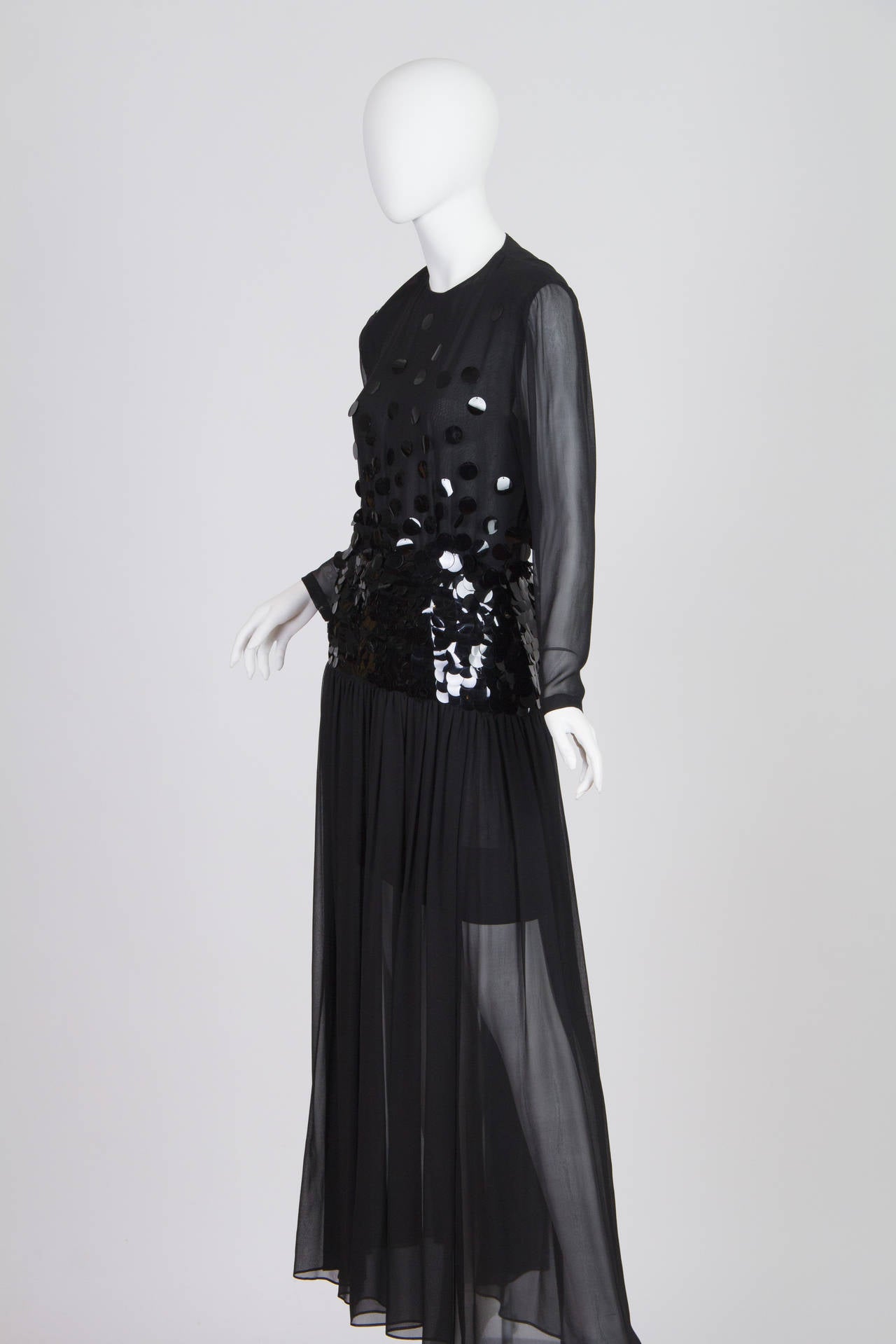 1980S PAULINE TRIGERE Black Beaded Silk Chiffon Long Sleeve Gown In Excellent Condition For Sale In New York, NY