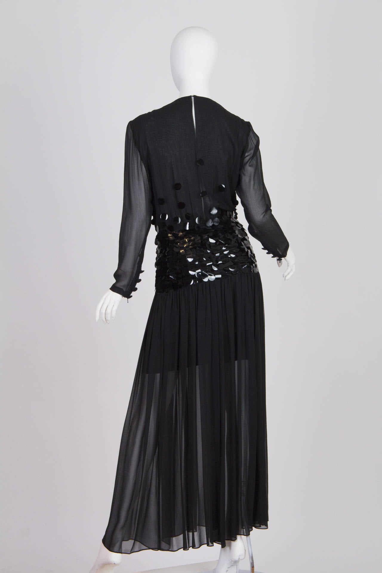 1980S PAULINE TRIGERE Black Beaded Silk Chiffon Long Sleeve Gown For Sale 4