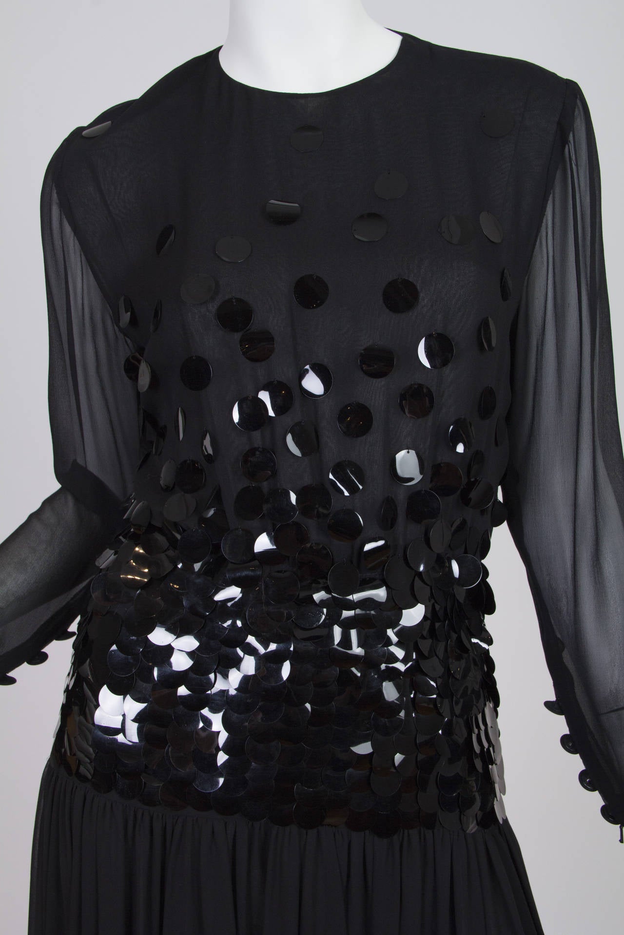 1980S PAULINE TRIGERE Black Beaded Silk Chiffon Long Sleeve Gown For Sale 6
