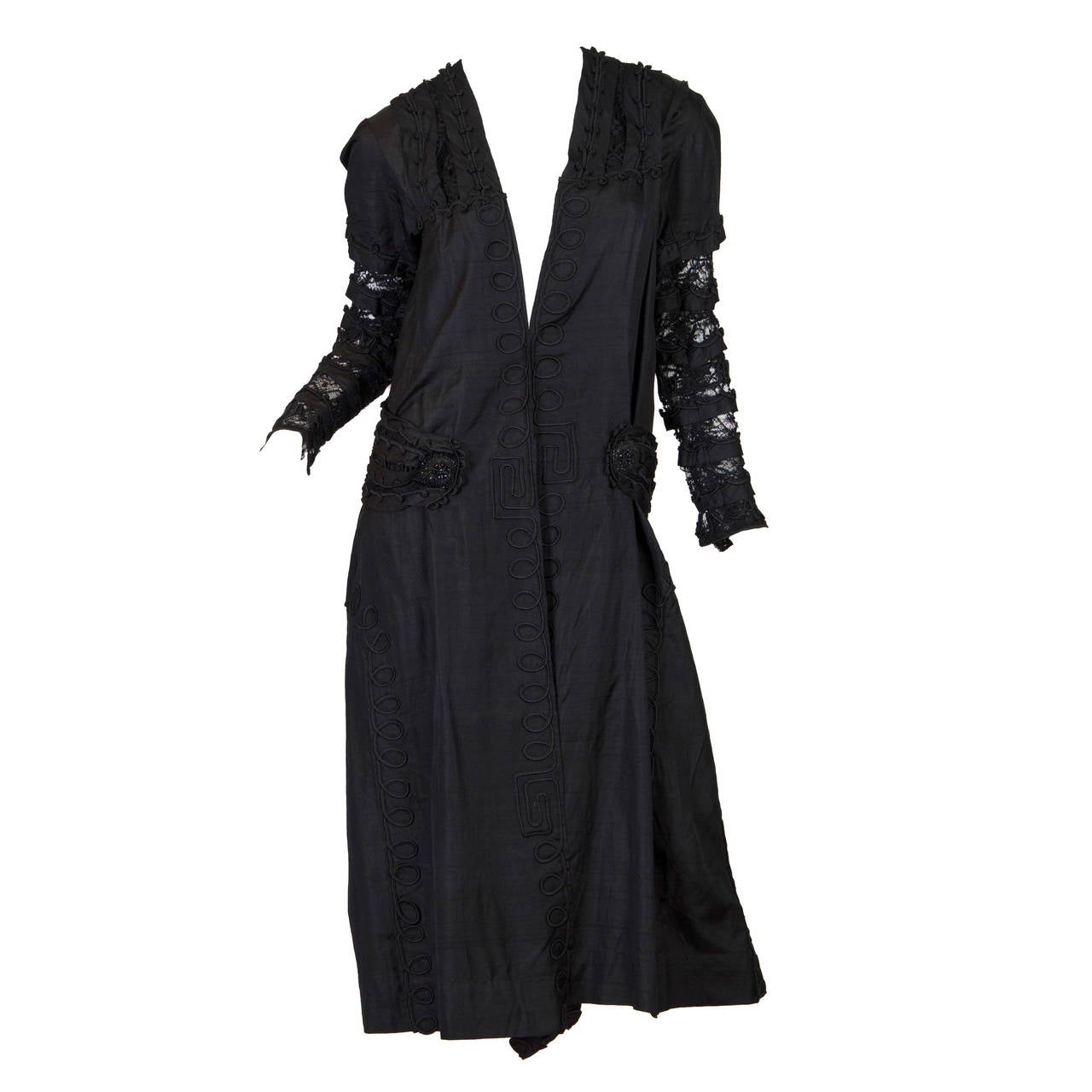 Edwardian Black Silk Dupioni & Lace Duster With Beaded Braided Trim For Sale