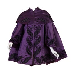 Victorian Purple & Black Silk Satin 1850-70 Cape With Hand-Quilted Lining Appli