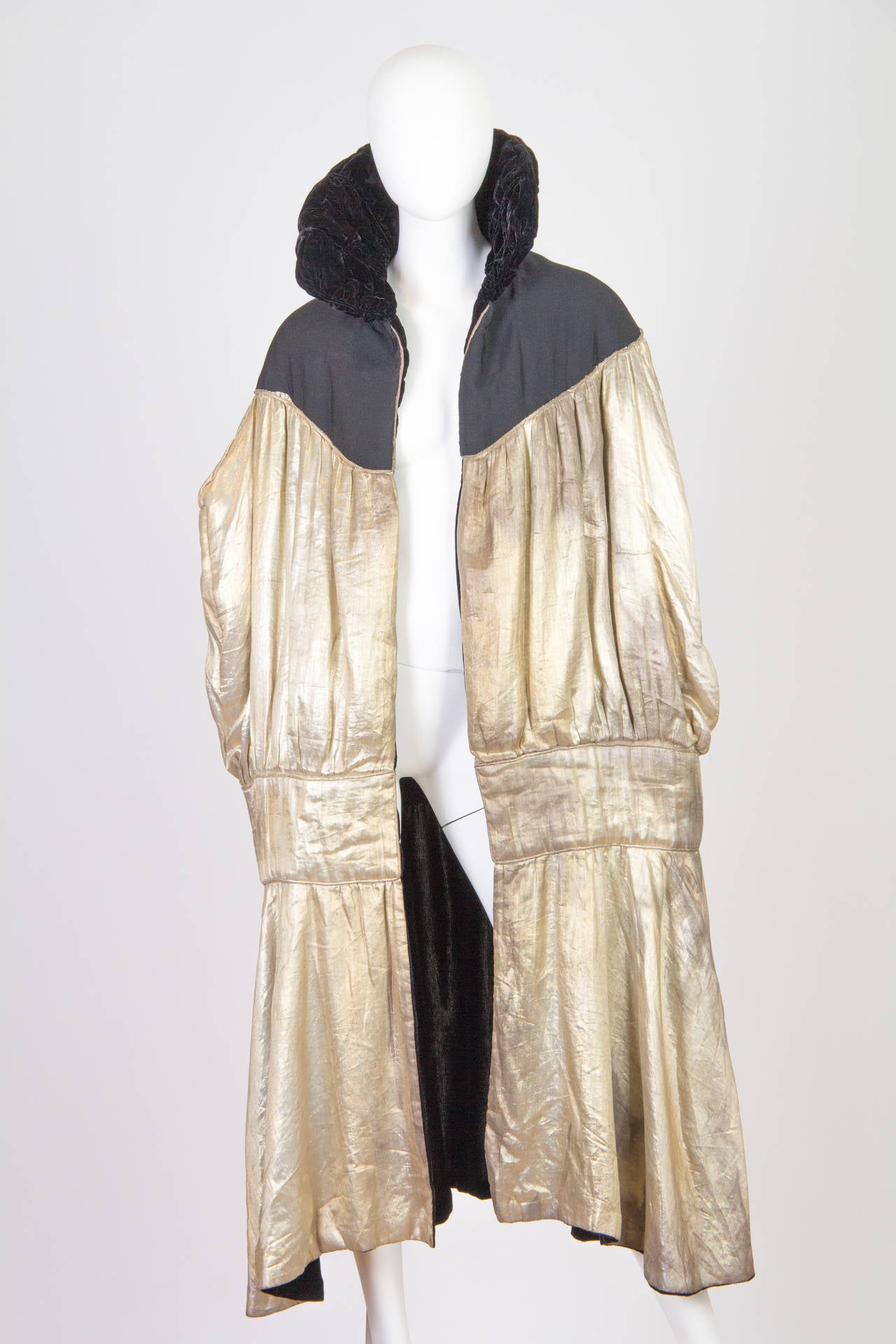 1920S Black Silk Velvet Cape Lined In Champagne Silver Lamé For Sale at ...
