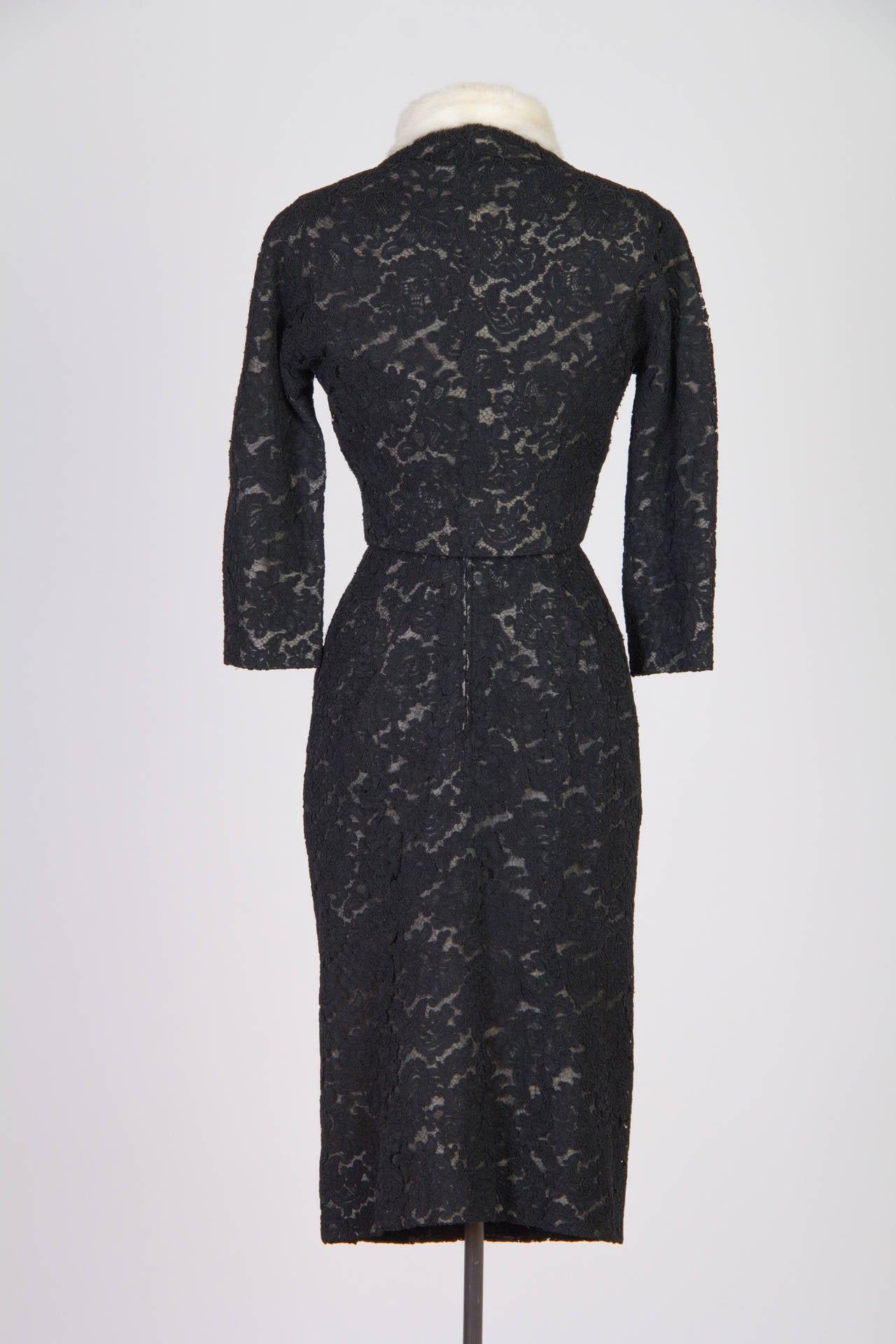 1950S PIERRE BALMAIN Haute Couture Noir & Blanc Dentelle Soie Robe Cocktail Veste avec Col en Vison
