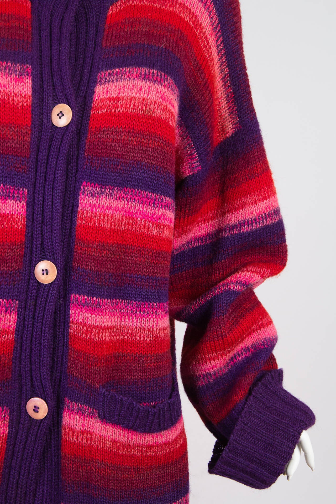 1980S KANSAI YAMAMOTO Pink  & Purple Wool Knit Oversized Striped Sweater Cardig 2