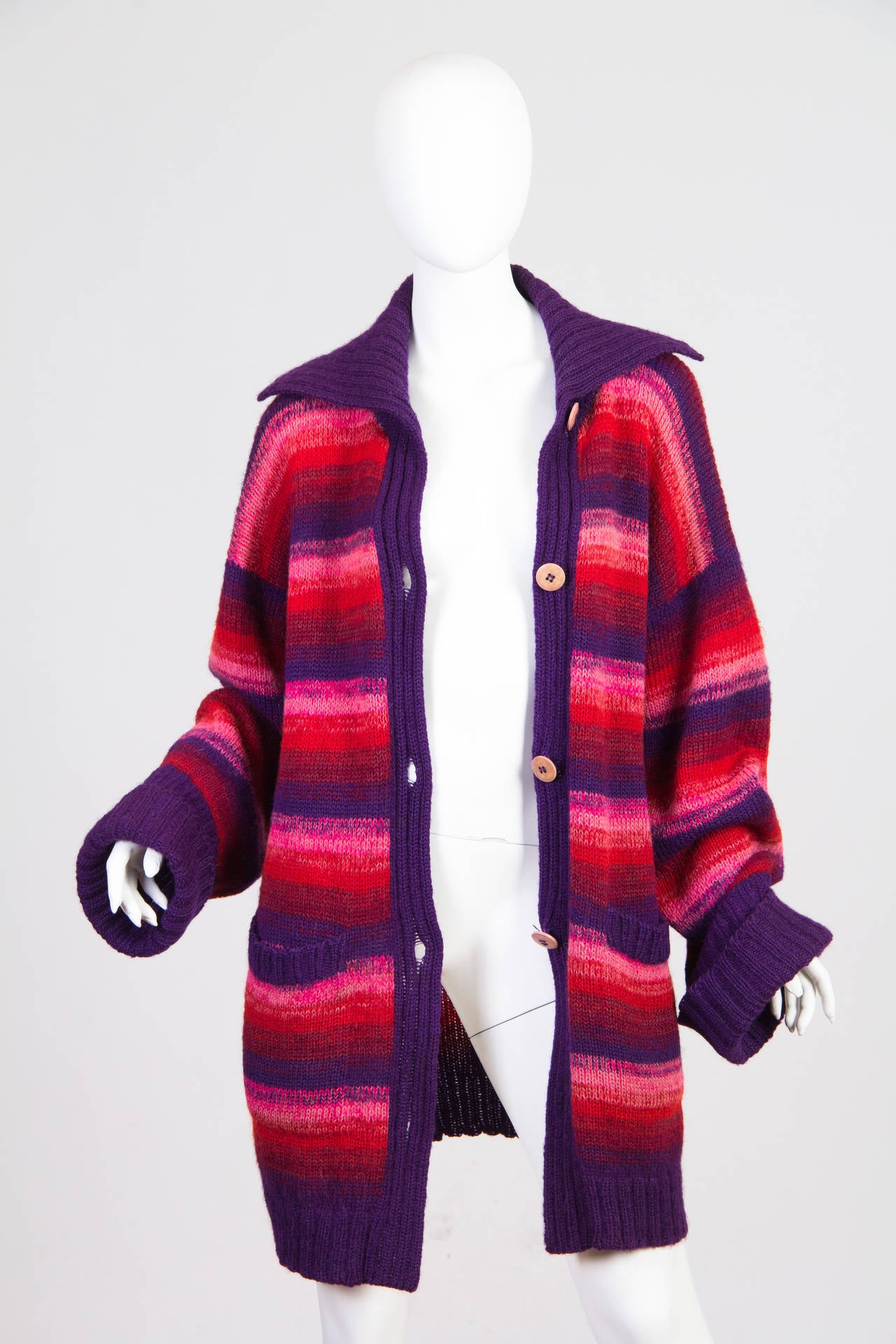 1980S KANSAI YAMAMOTO Pink  & Purple Wool Knit Oversized Striped Sweater Cardigan