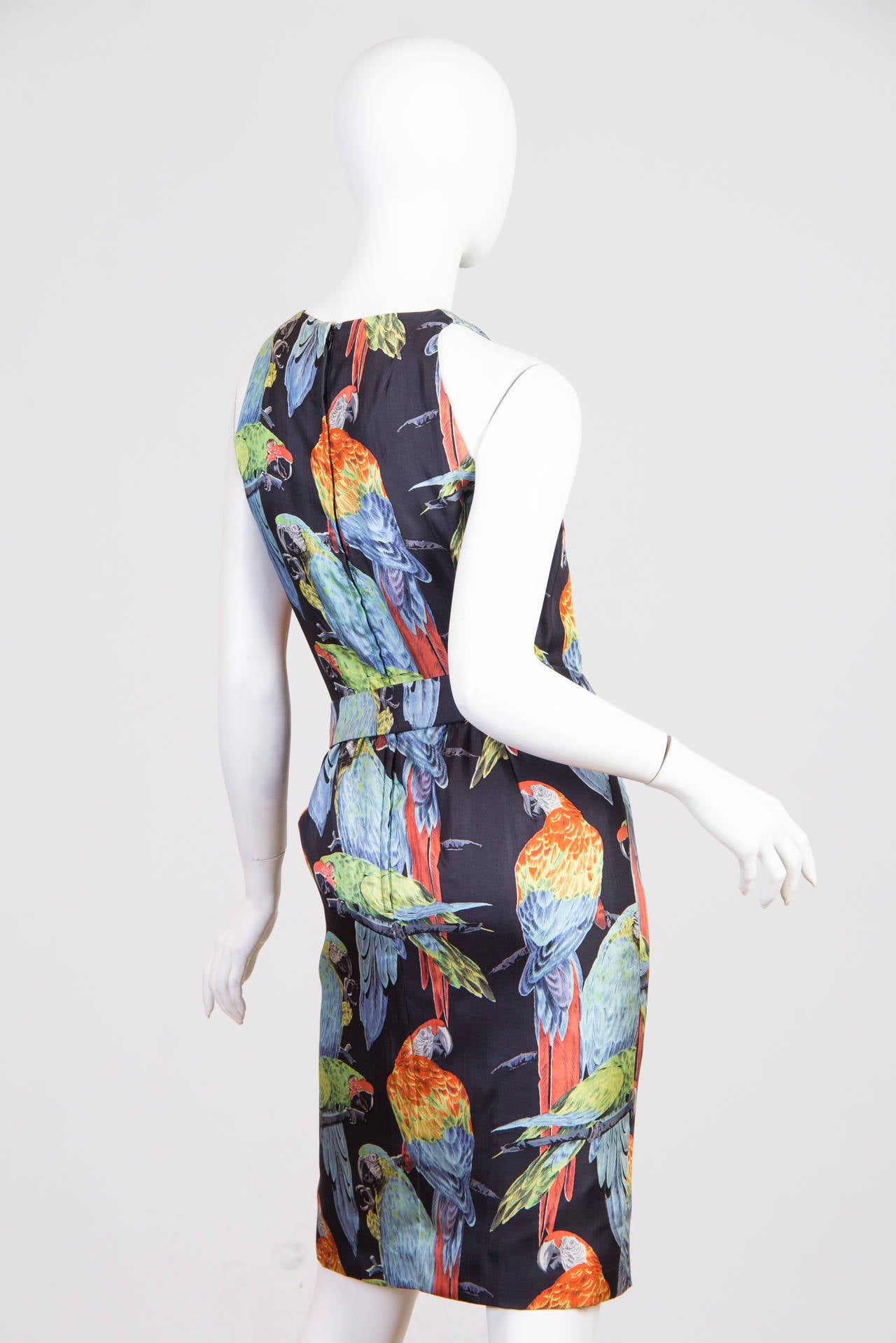 Beige 1960S DONALD BROOKS Printed Tropical Silk Parot Dress For Sale