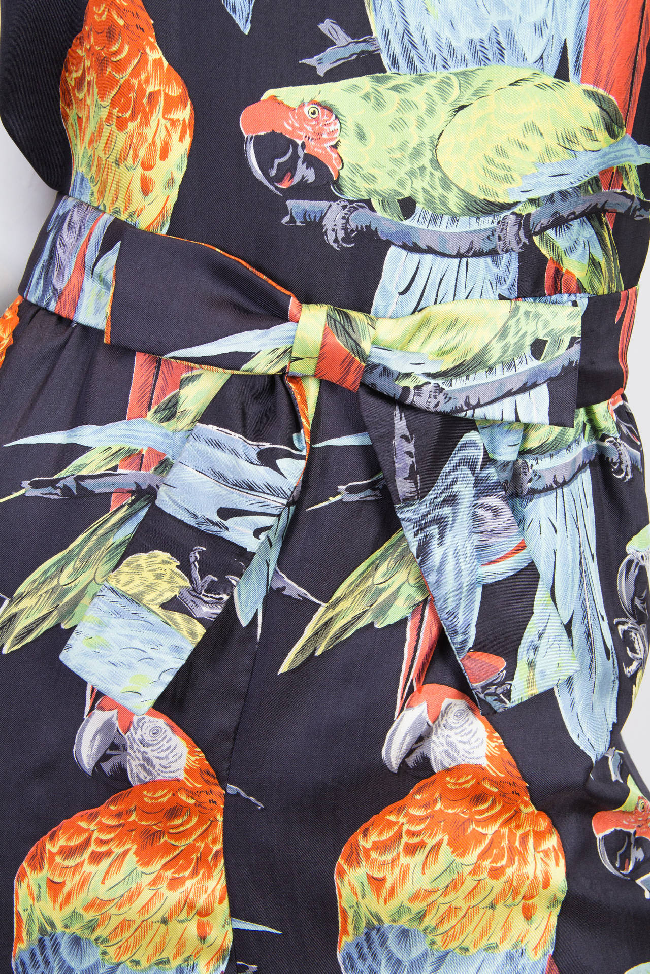 Women's 1960S DONALD BROOKS Printed Tropical Silk Parot Dress For Sale