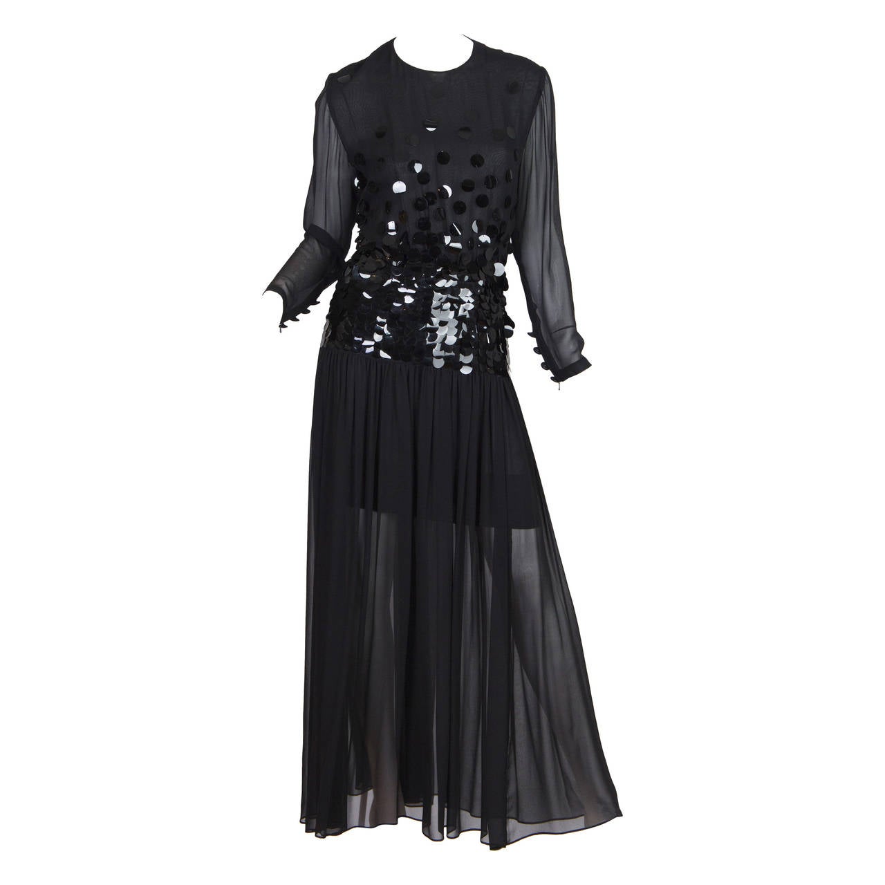 1980S PAULINE TRIGERE Black Beaded Silk Chiffon Long Sleeve Gown For Sale