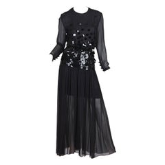 1980S PAULINE TRIGERE Black Beaded Silk Chiffon Long Sleeve Gown