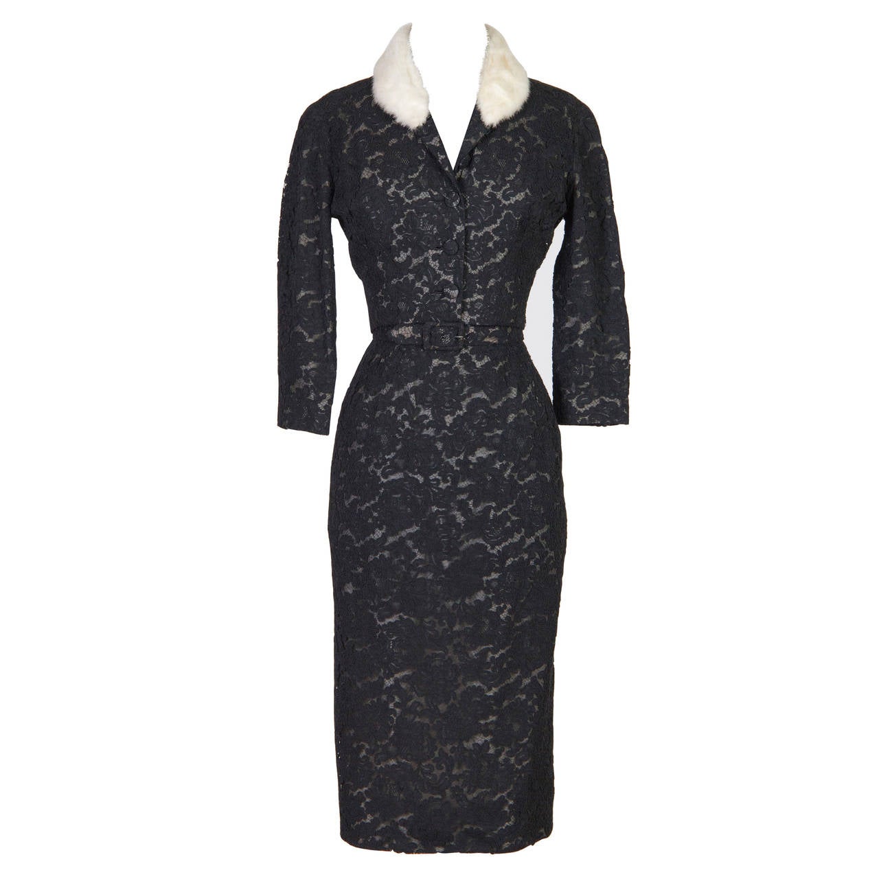 1950S PIERRE BALMAIN Black & White Haute Couture Silk Lace Cocktail Dress Jacke For Sale