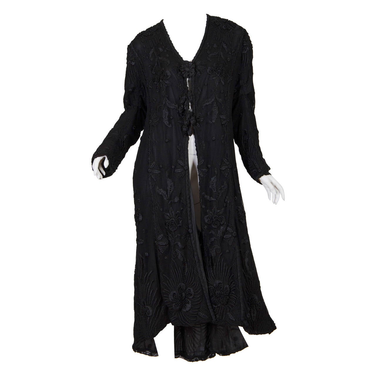 Edwardian Black Hand Embroidered Silk Net Long Duster For Sale