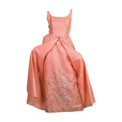 1960S LANVIN Salmon Pink Haute Couture Silk Gown With Lesage Silver & Lace Embr