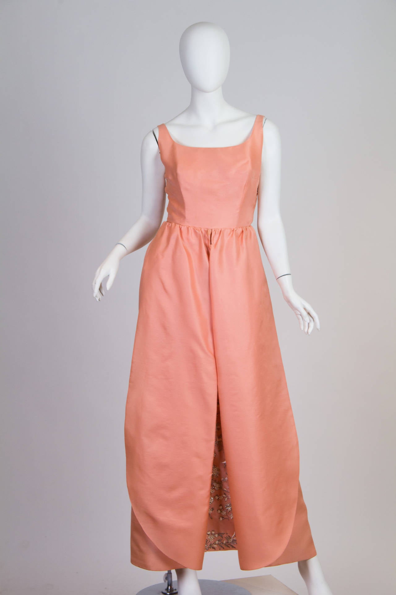 1960S LANVIN Salmon Pink Haute Couture Silk Gown With Lesage Silver & Lace Embroidered Underskirt
