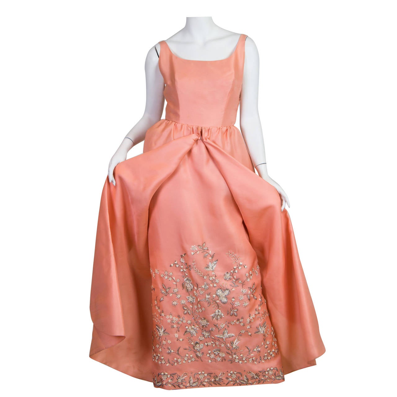 1960S LANVIN Salmon Pink Haute Couture Silk Gown With Lesage Silver & Lace Embr