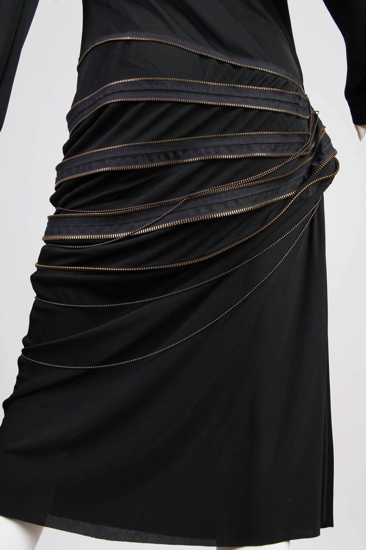 1990S JEAN PAUL GAULTIER Black Jersey Dress With Hood & Adjustable Brass Zippers For Sale 1