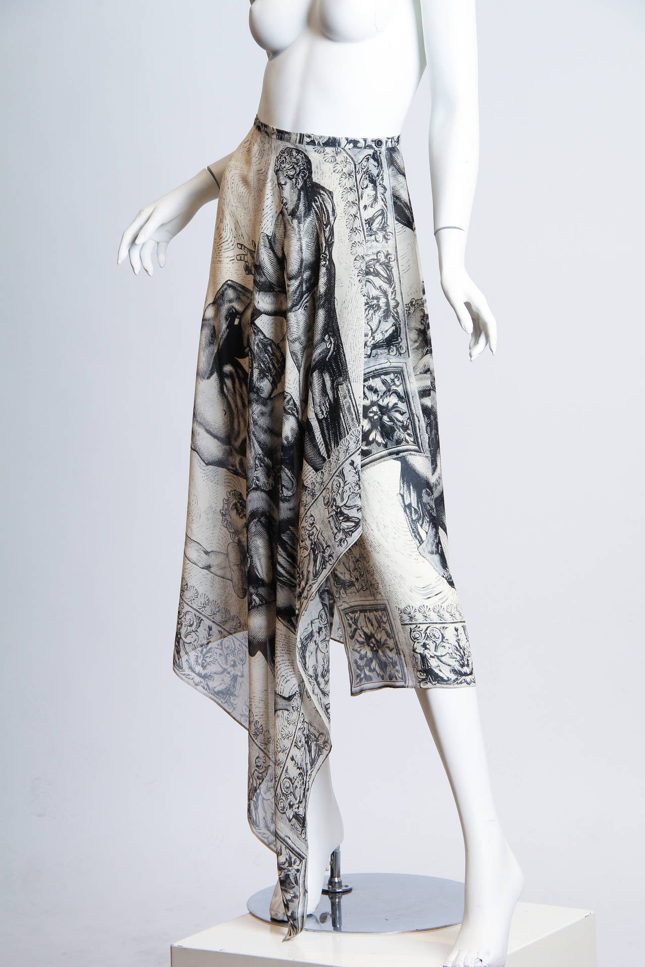 1990S KANSAI YAMAMOTO Silk Chiffon Asymmetrically Draped Wrap Skirt With Classical Print