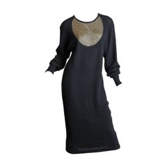 Vintage 1990S KRIZIA Black Angora & Wool Knit Sweater Dress With Gold Beadwork