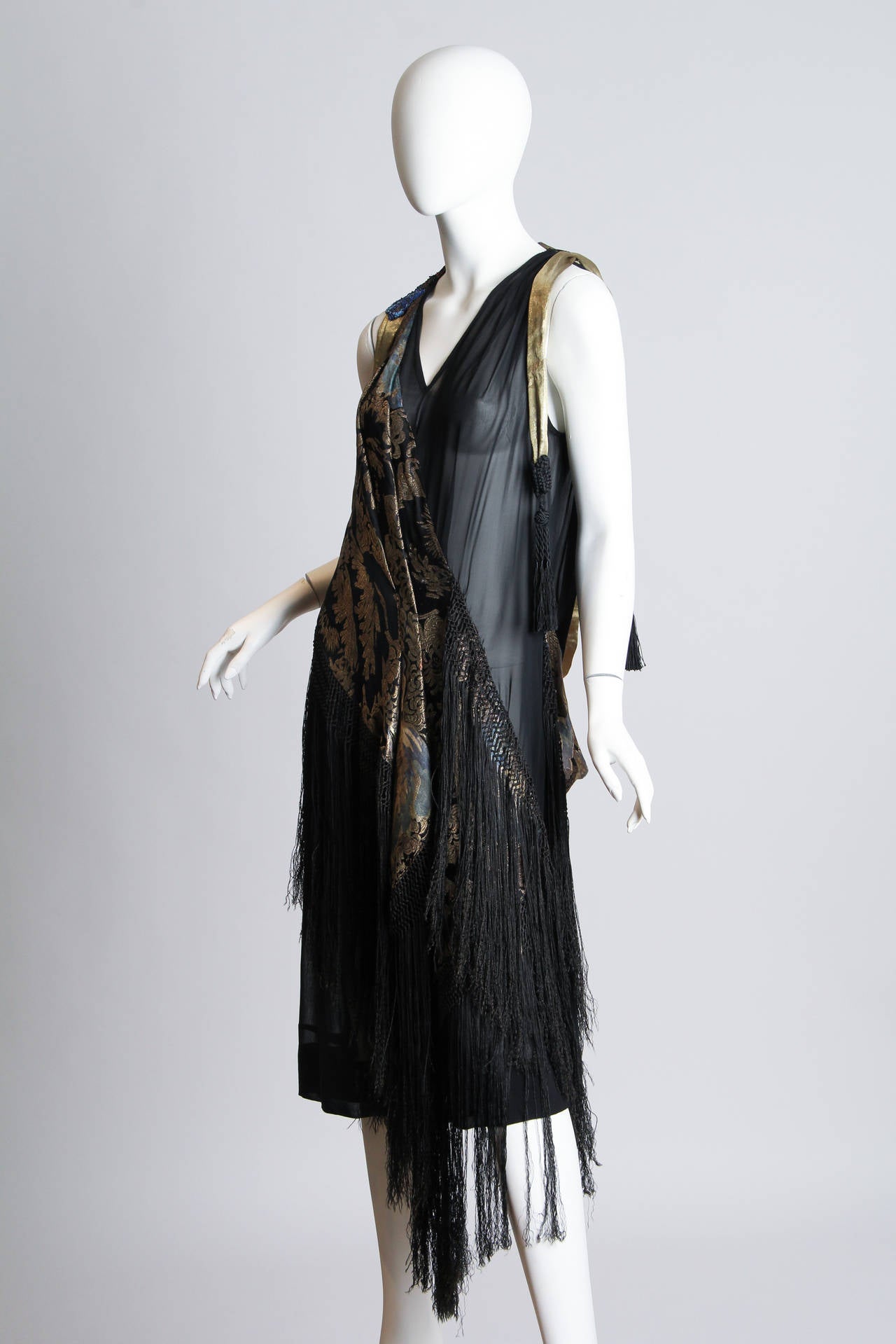 Black 1920s Asymmetrical Dress with Beads, Lamé and Fringe