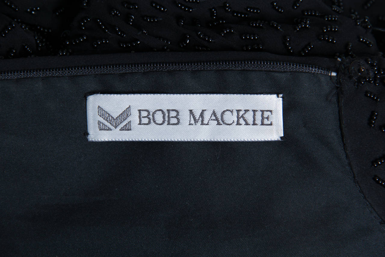 1980er BOB MACKIE Schwarzes langärmeliges Kleid aus Seidenchiffon mit Perlen und Fransen im Angebot 5