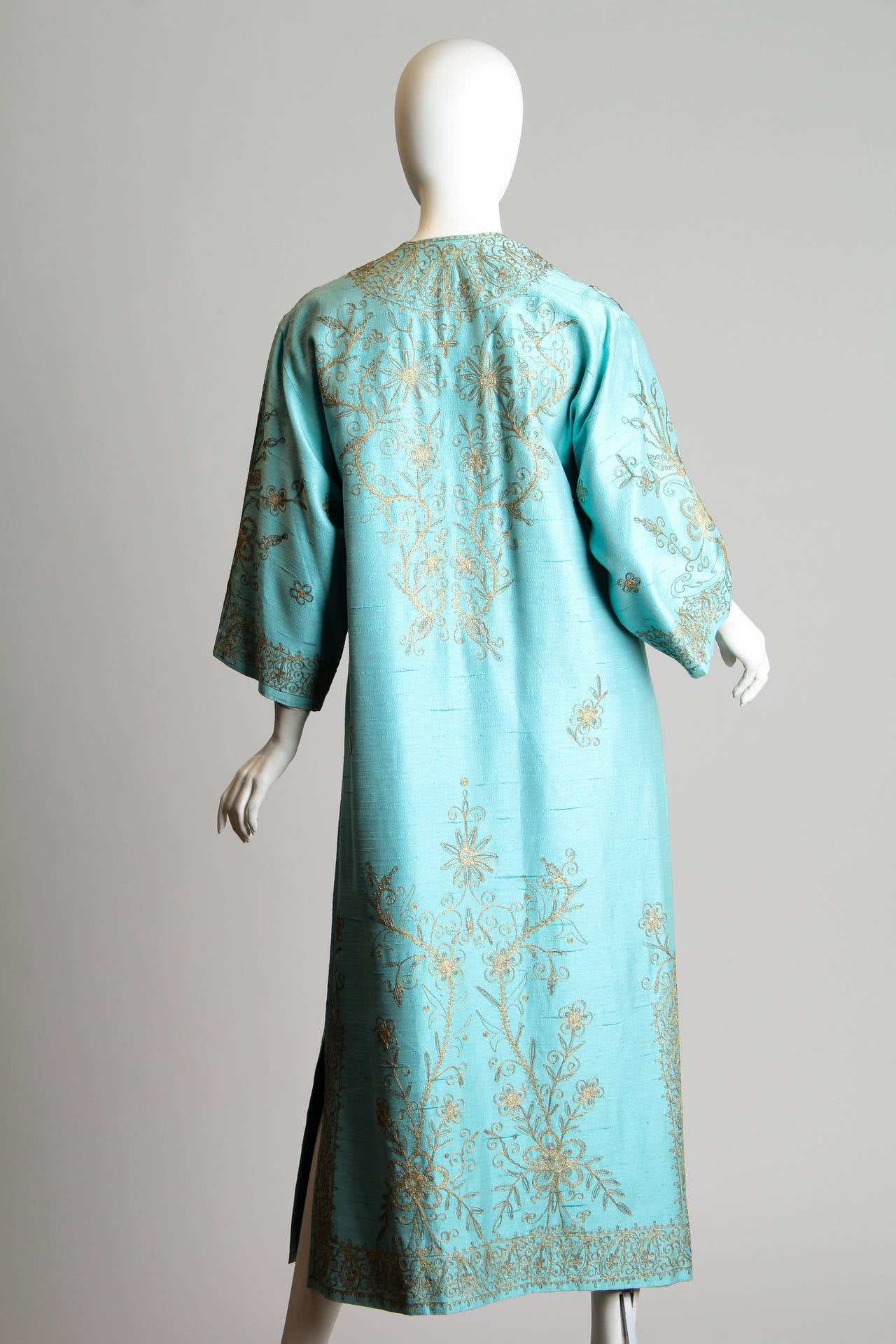 Blue Metallic Embroidered Silk Duster Kaftan from Lebanon