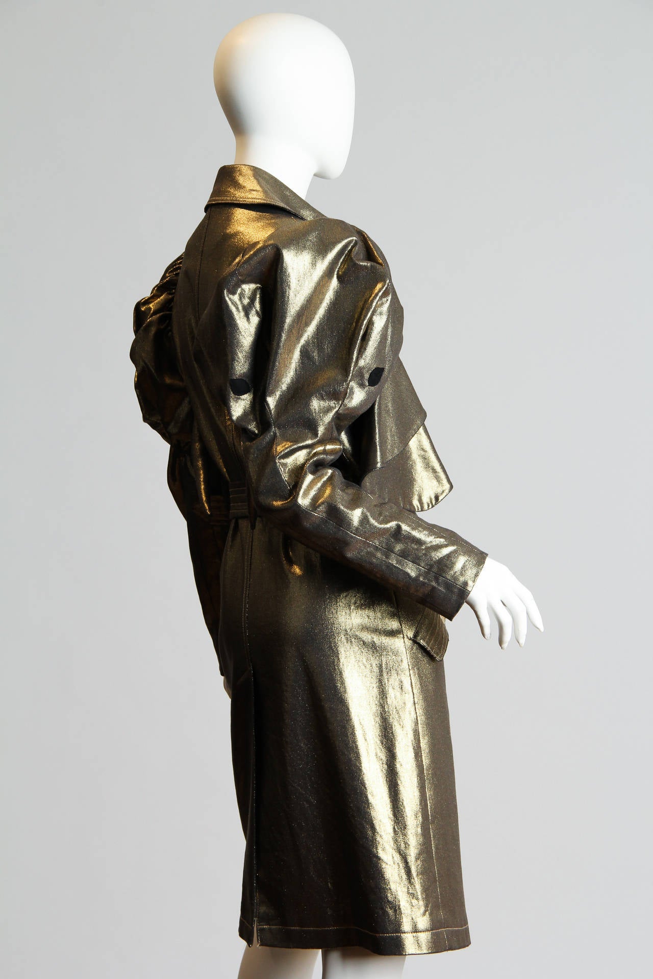1990S JC DE CASTELBAJAC Metallic Gold Cotton Denim Belted Trench Coat With Elephant Trunk Sleeves