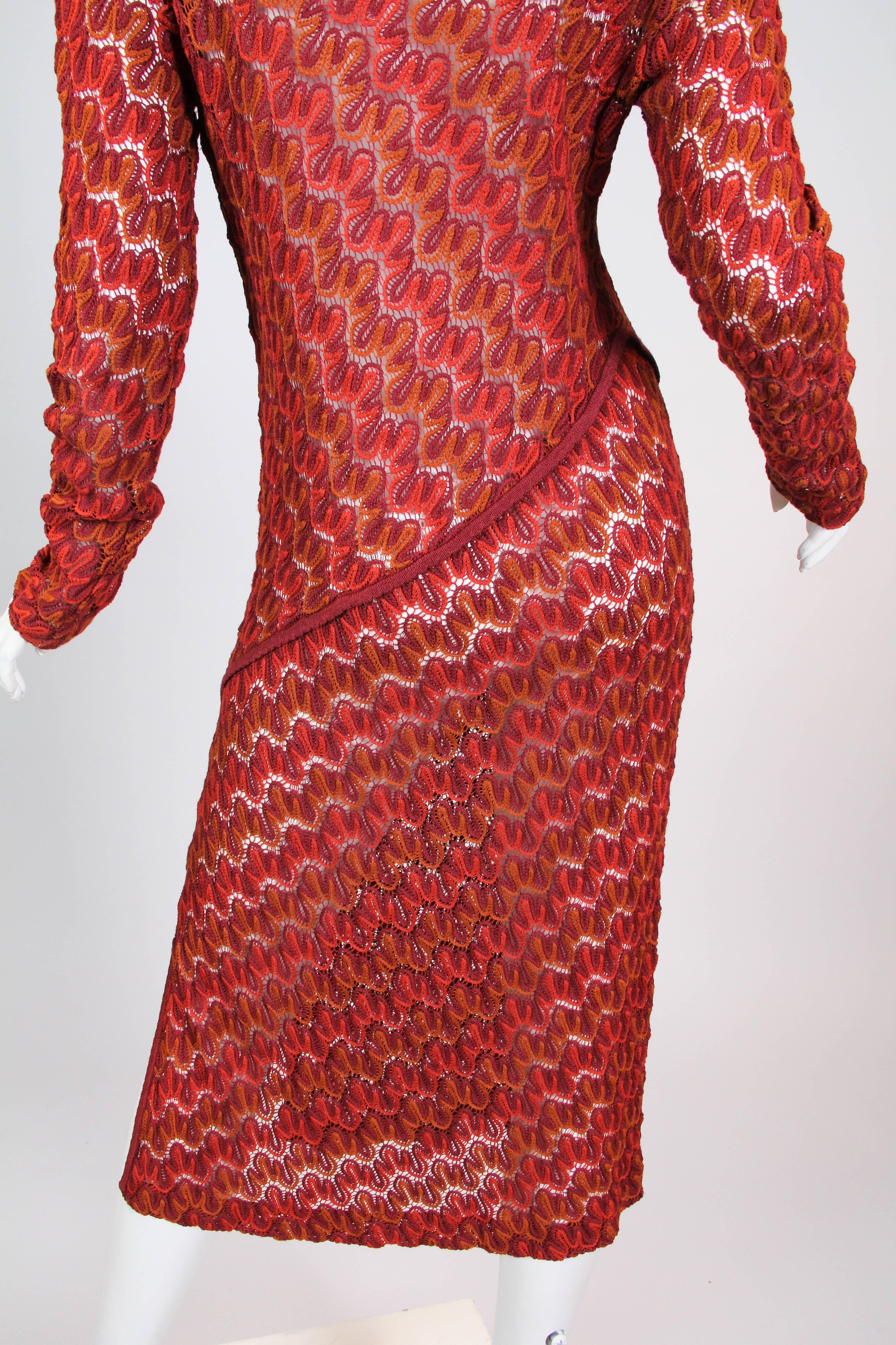 Women's 1970S MISSONI KNIT Style Burgundy Silk Long Sleeve Dress With Side Slit For Sale