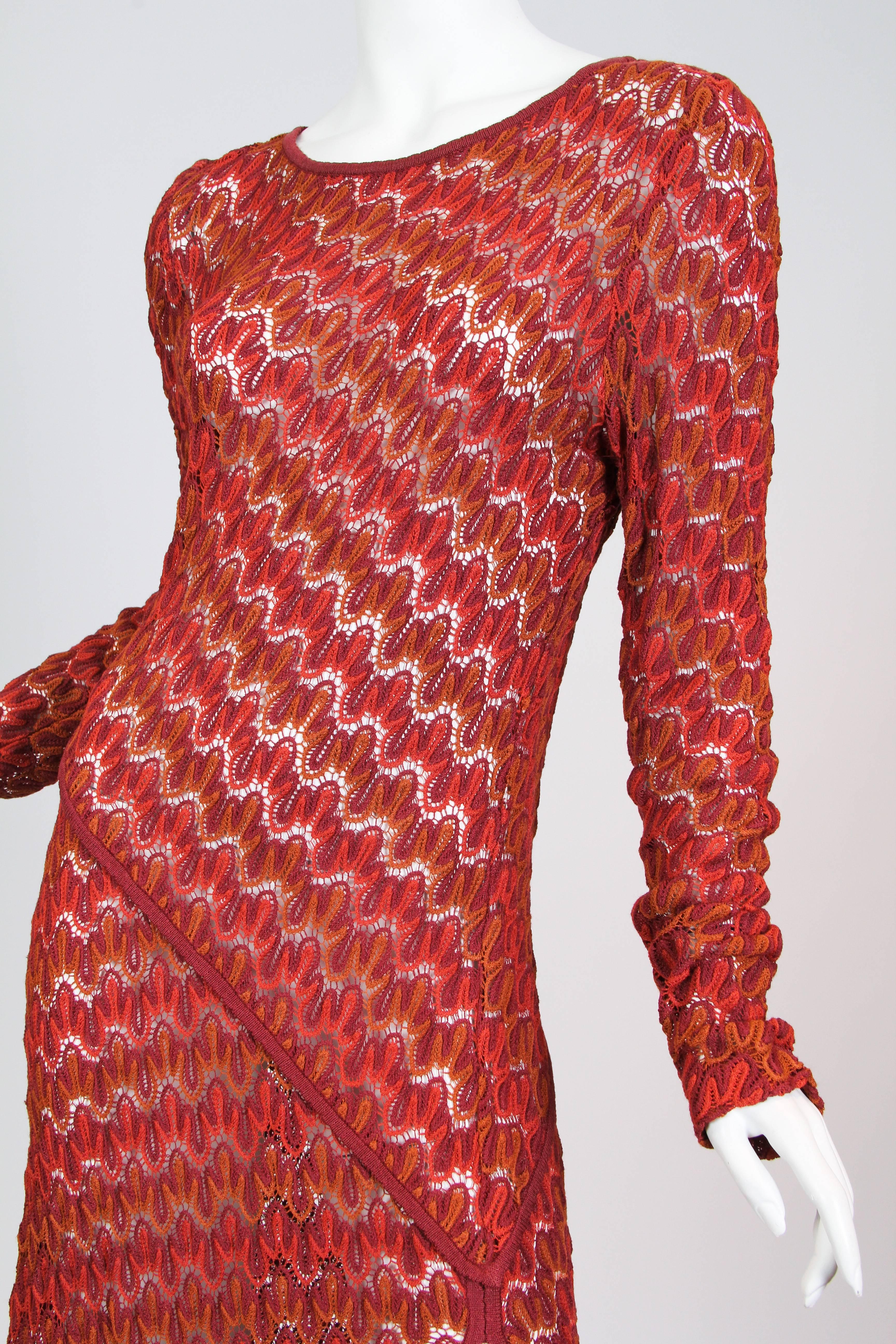 1970S MISSONI KNIT Style Burgundy Silk Long Sleeve Dress With Side Slit For Sale 1