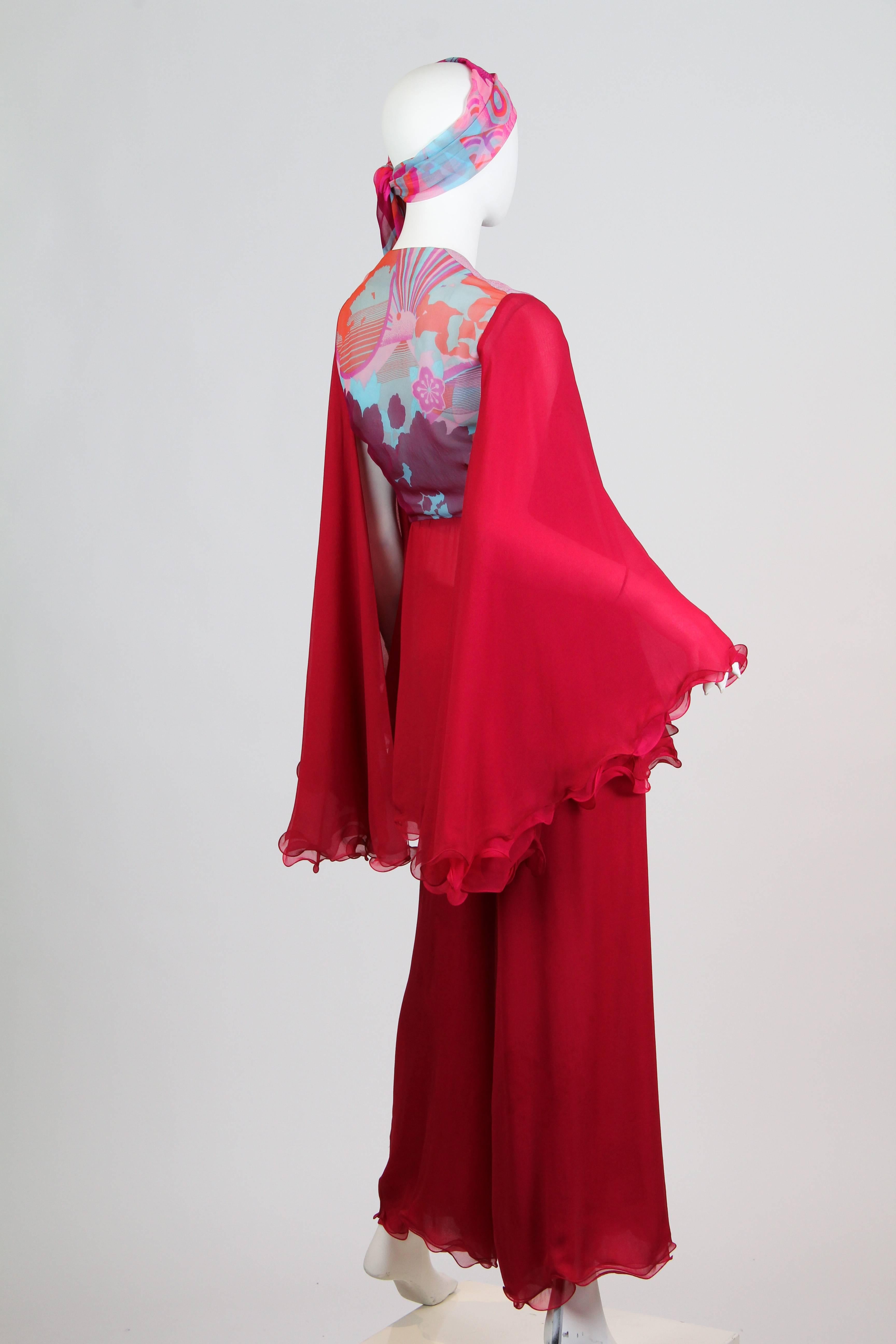 Red 1970S HANAE MORI Haute Couture Silk Chiffon Blouse, Scarf & Pants Ensemble For Sale