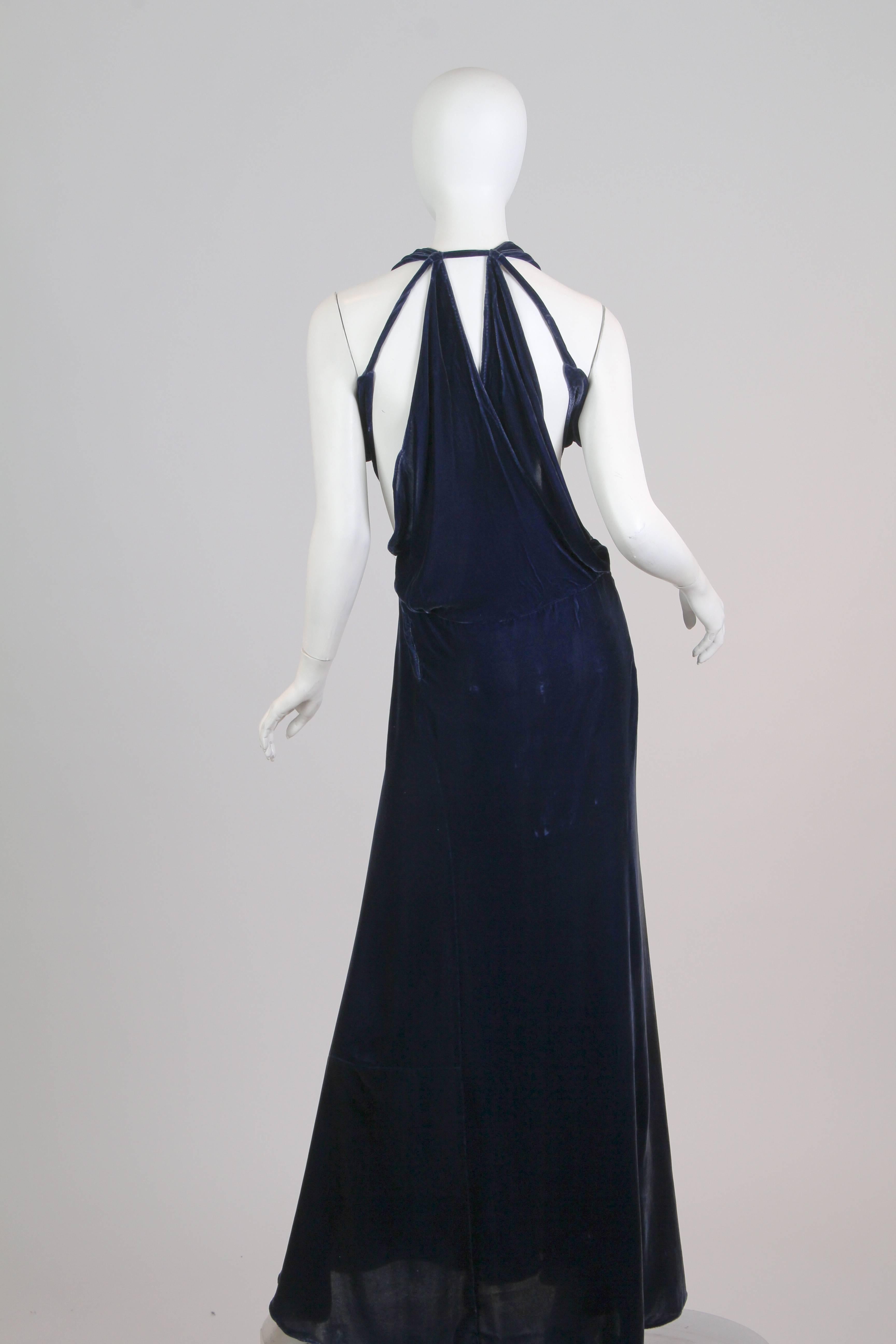 Women's Remarkable Backless 1930s Bias Velvet Gown