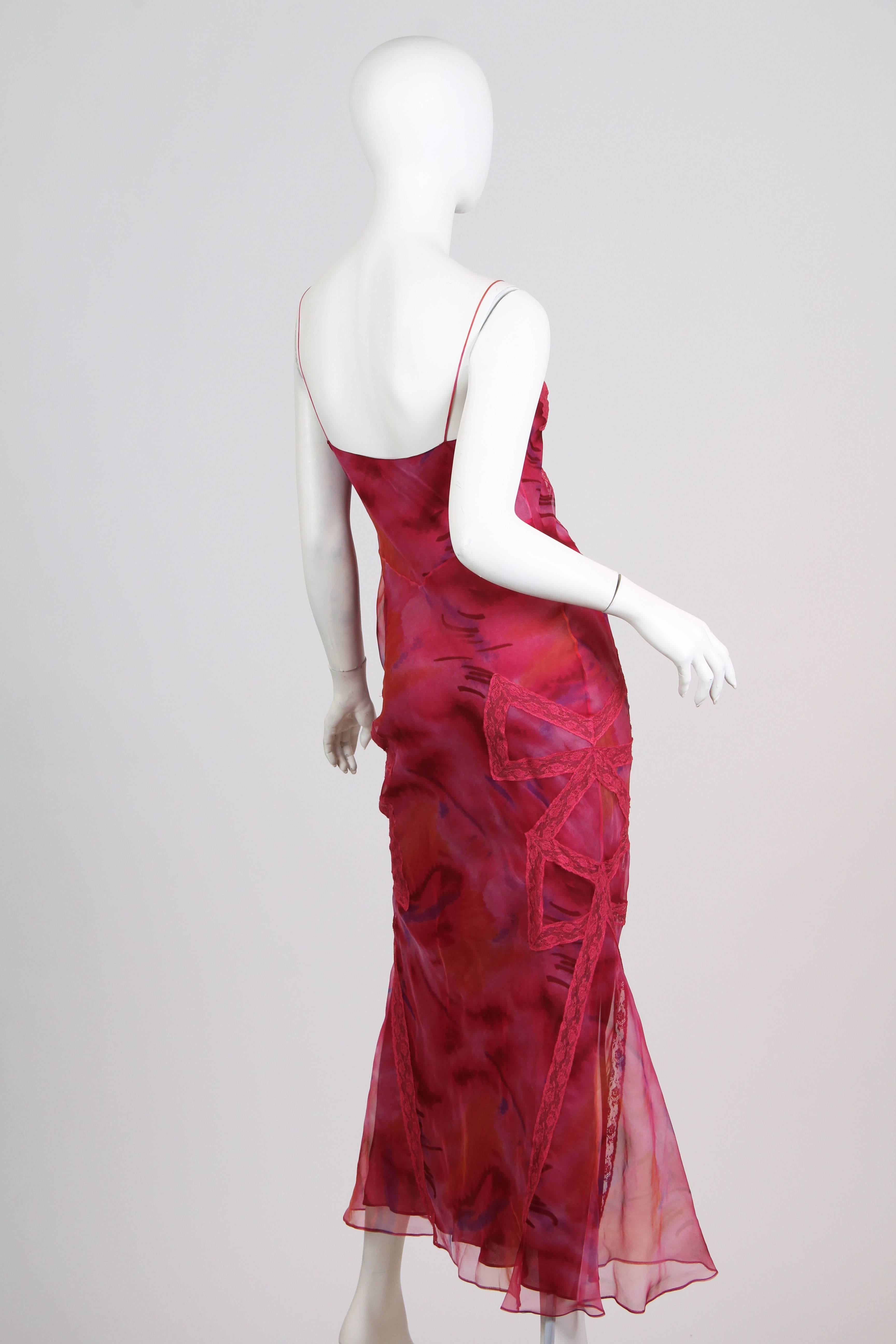 1990S JOHN GALLIANO CHRISTIAN DIOR Abstracto de Organza de Seda Cortado al Bies Rosa Frambuesa Rojo