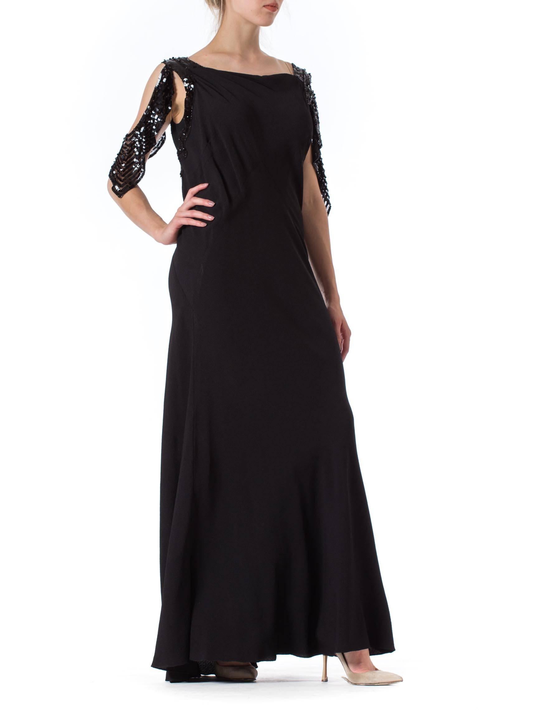 1930S Black Bias Cut Rayon Crepe Gown With Celluloid Sequin Peek-A-Boo ...