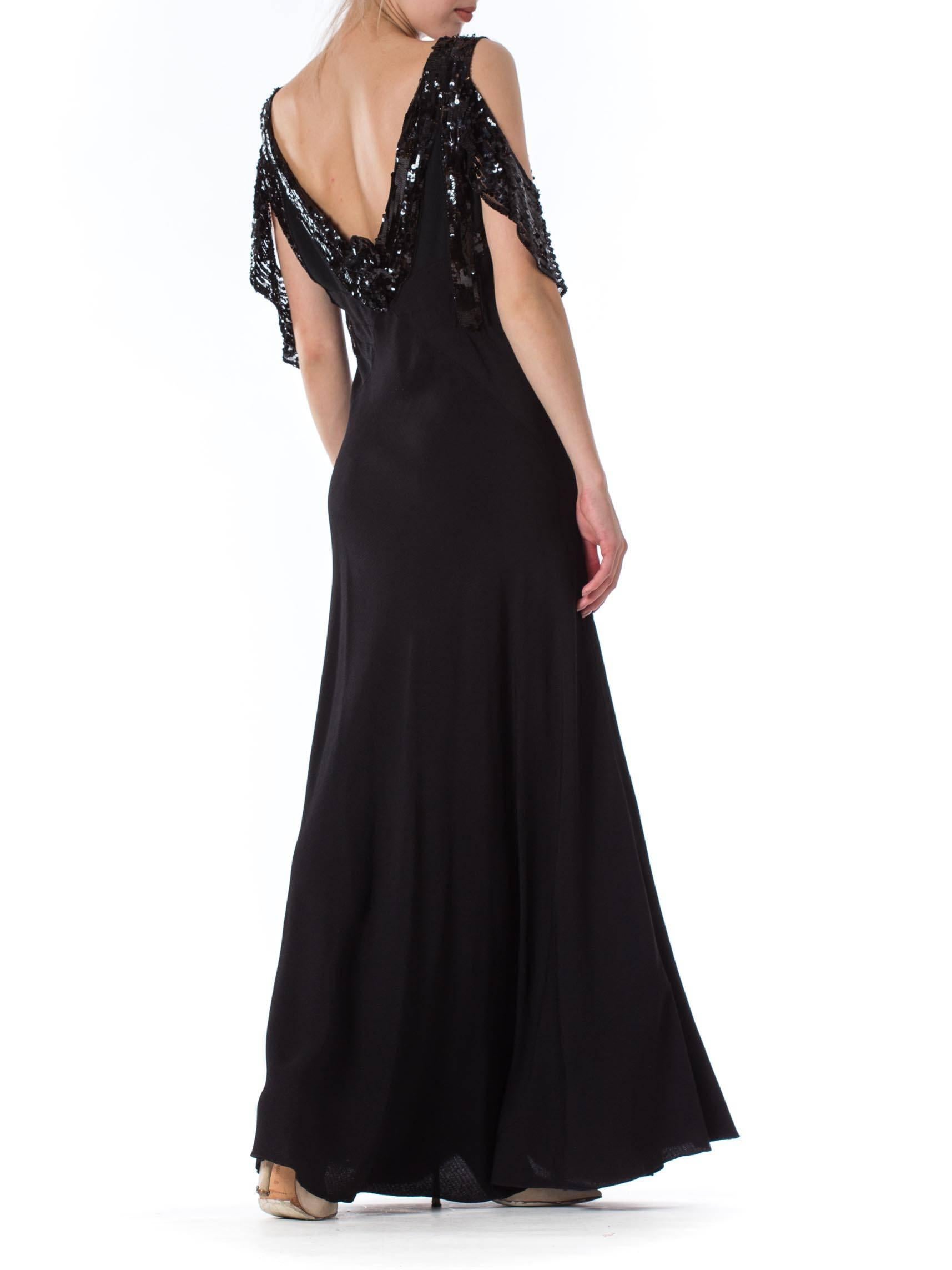 Women's 1930S Black Bias Cut Rayon Crepe Gown With Celluloid Sequin Peek-A-Boo Sleeves For Sale