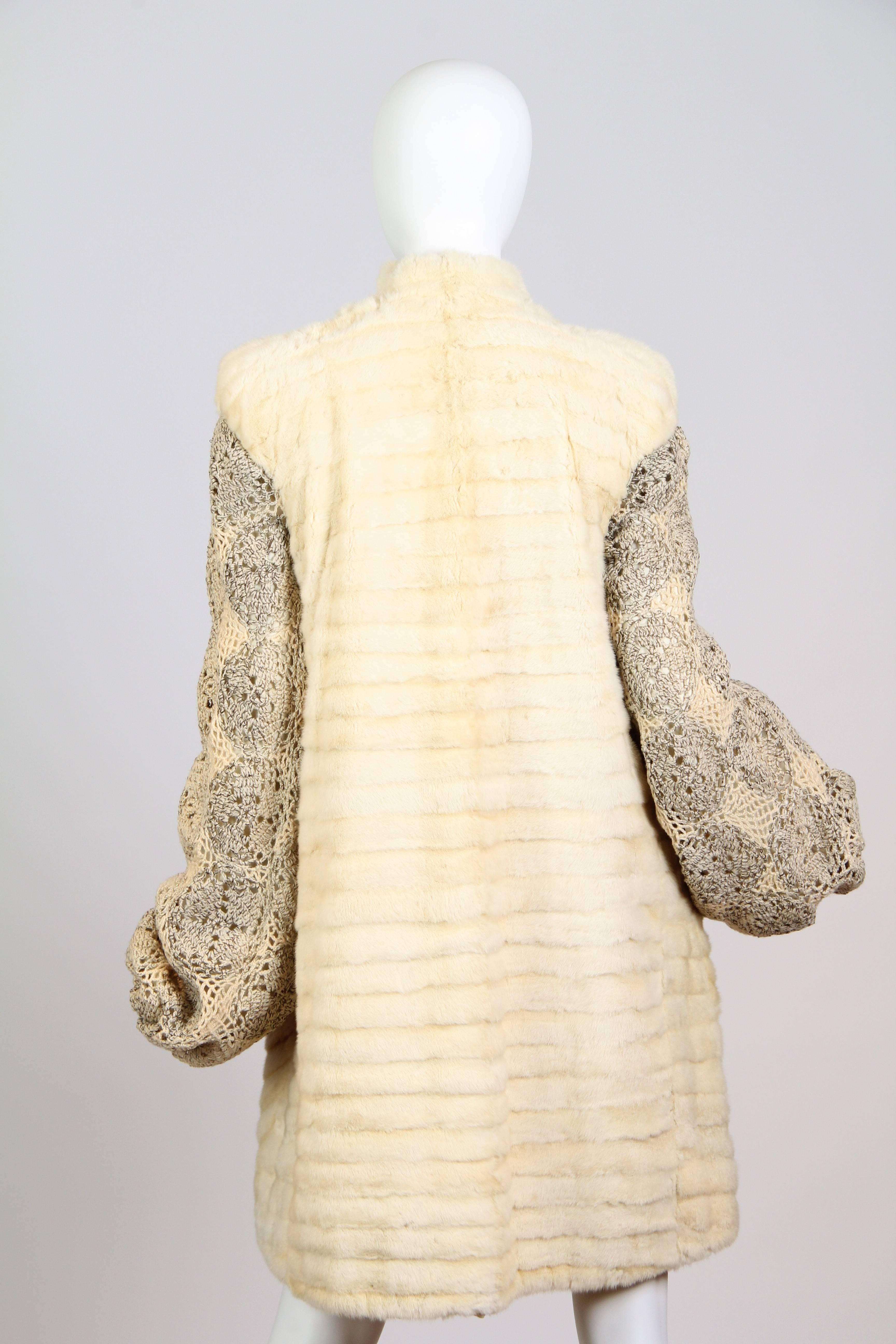 White 1930S Cream Metallic Wool Blend Crochet Lace Sleeved Ermine Fur Coat For Sale