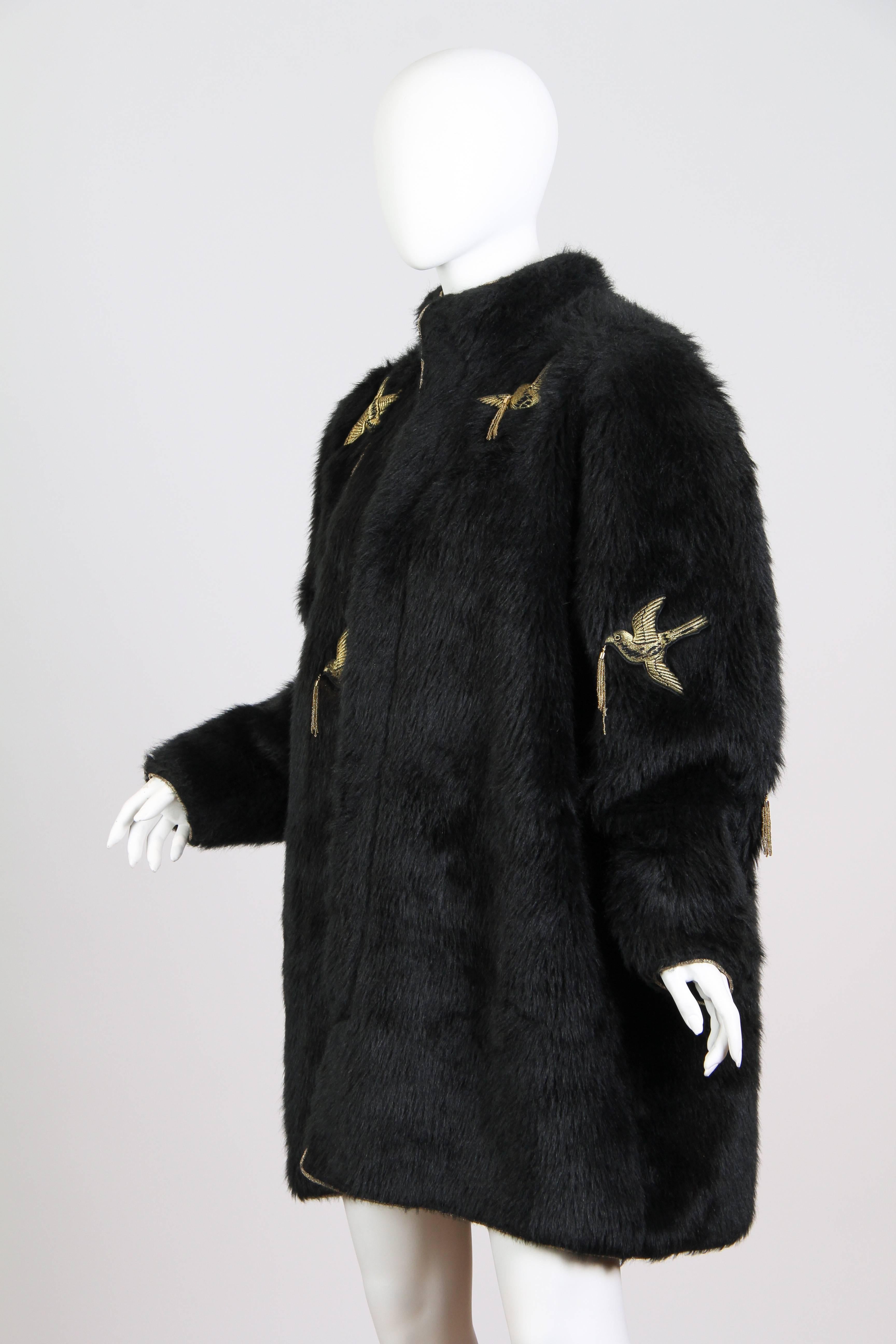 Kansai Yammamoto Faux Fur Coat with Gold Swallows In Excellent Condition In New York, NY