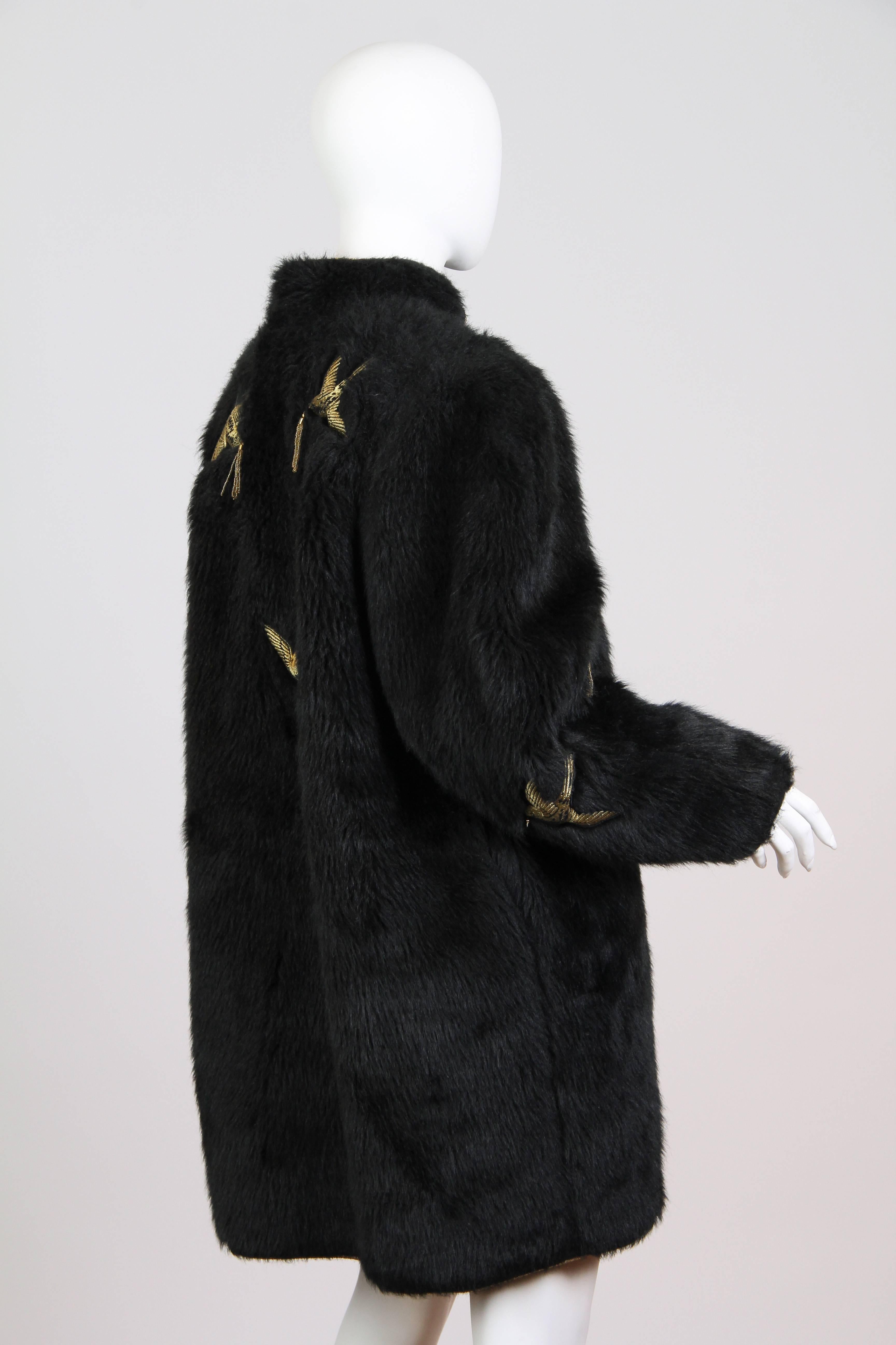 Black Kansai Yammamoto Faux Fur Coat with Gold Swallows