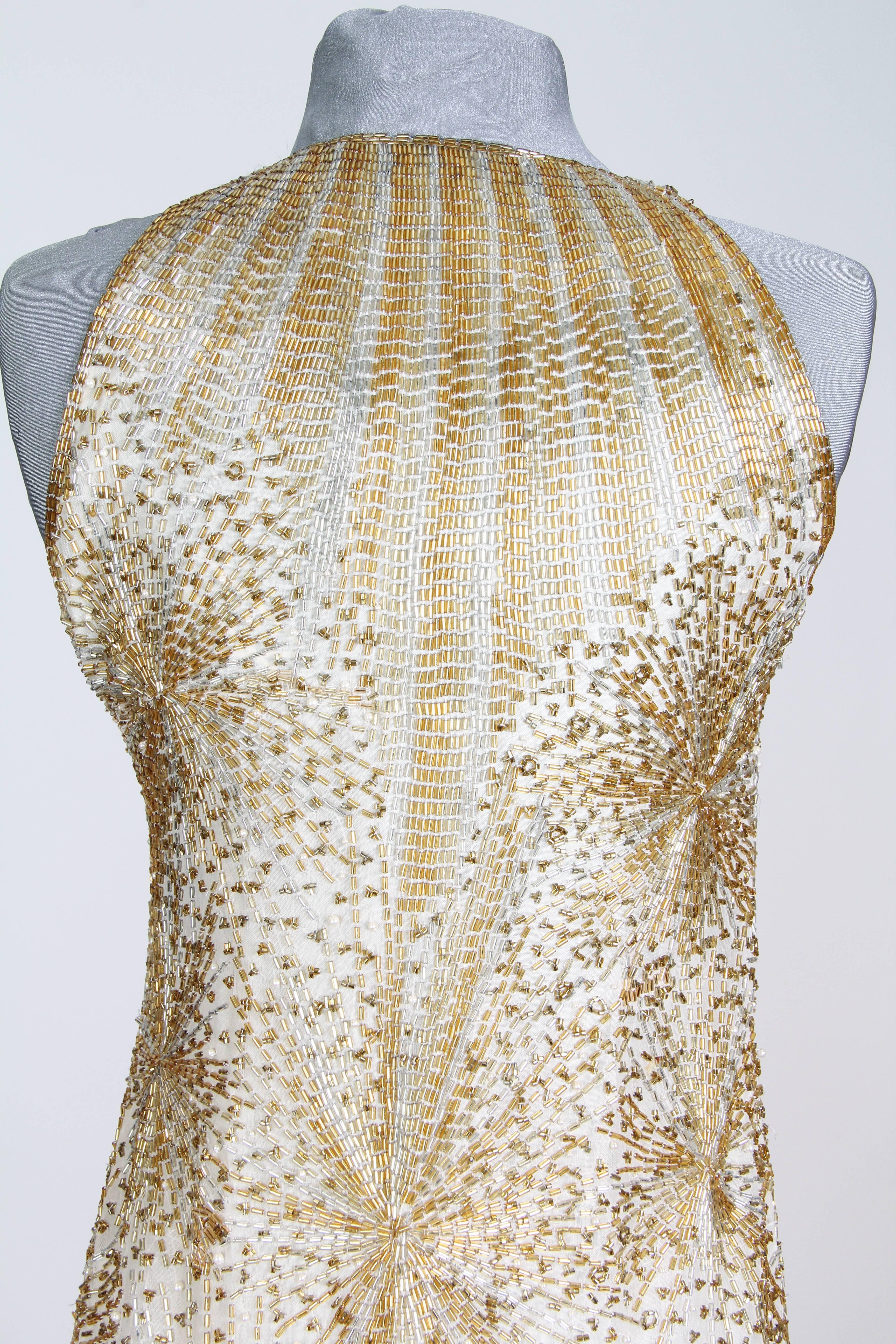 Beige 1970S HALSTON Gold Beaded Silk Famous Fireworks Fire Cracker Gown For Sale
