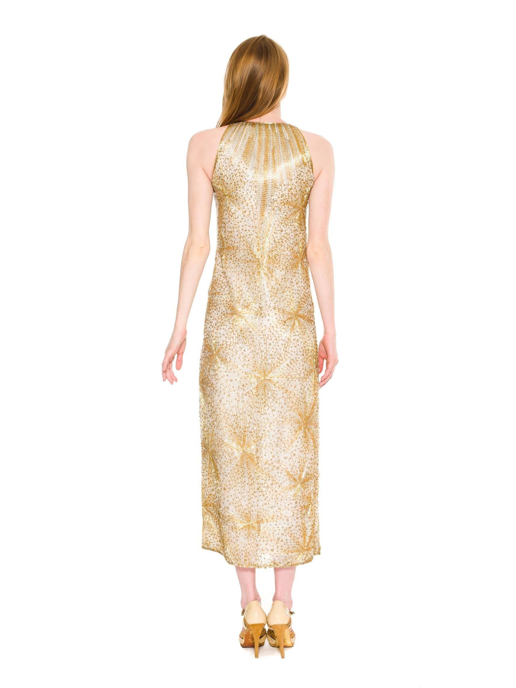 HALSTON Gold Perlen Seide Berühmtes Feuerwerk Feuer Cracker Kleid, 1970er Jahre im Zustand „Hervorragend“ im Angebot in New York, NY