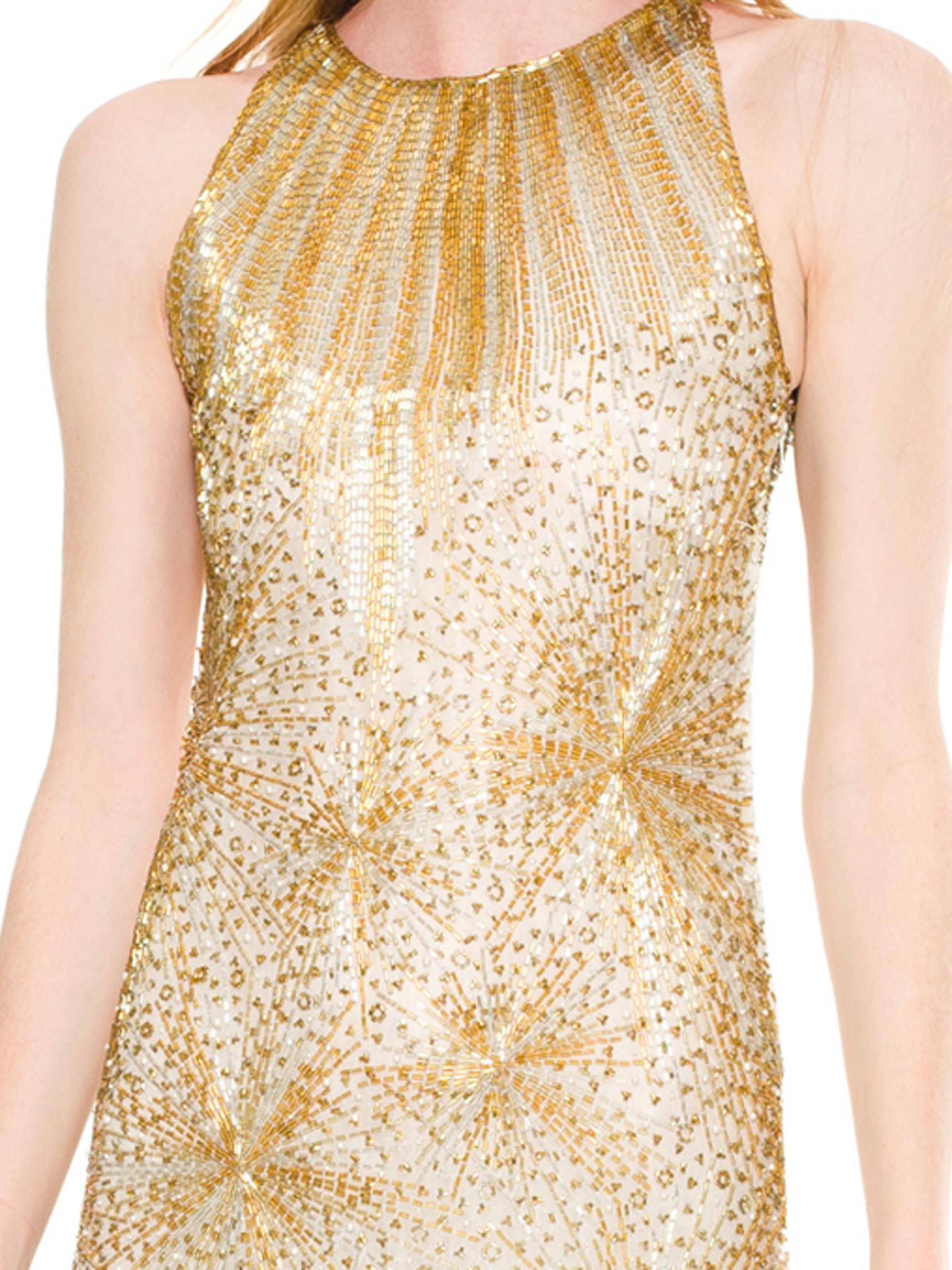 HALSTON Gold Perlen Seide Berühmtes Feuerwerk Feuer Cracker Kleid, 1970er Jahre Damen im Angebot