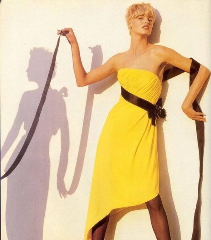1990S CHANEL Lemmon Yellow Silk Crepe Chiffon Strapless Empire Waist Dress  With For Sale at 1stDibs | lemmon dress, linda evangelista yellow dress,  yellow dress transparent background