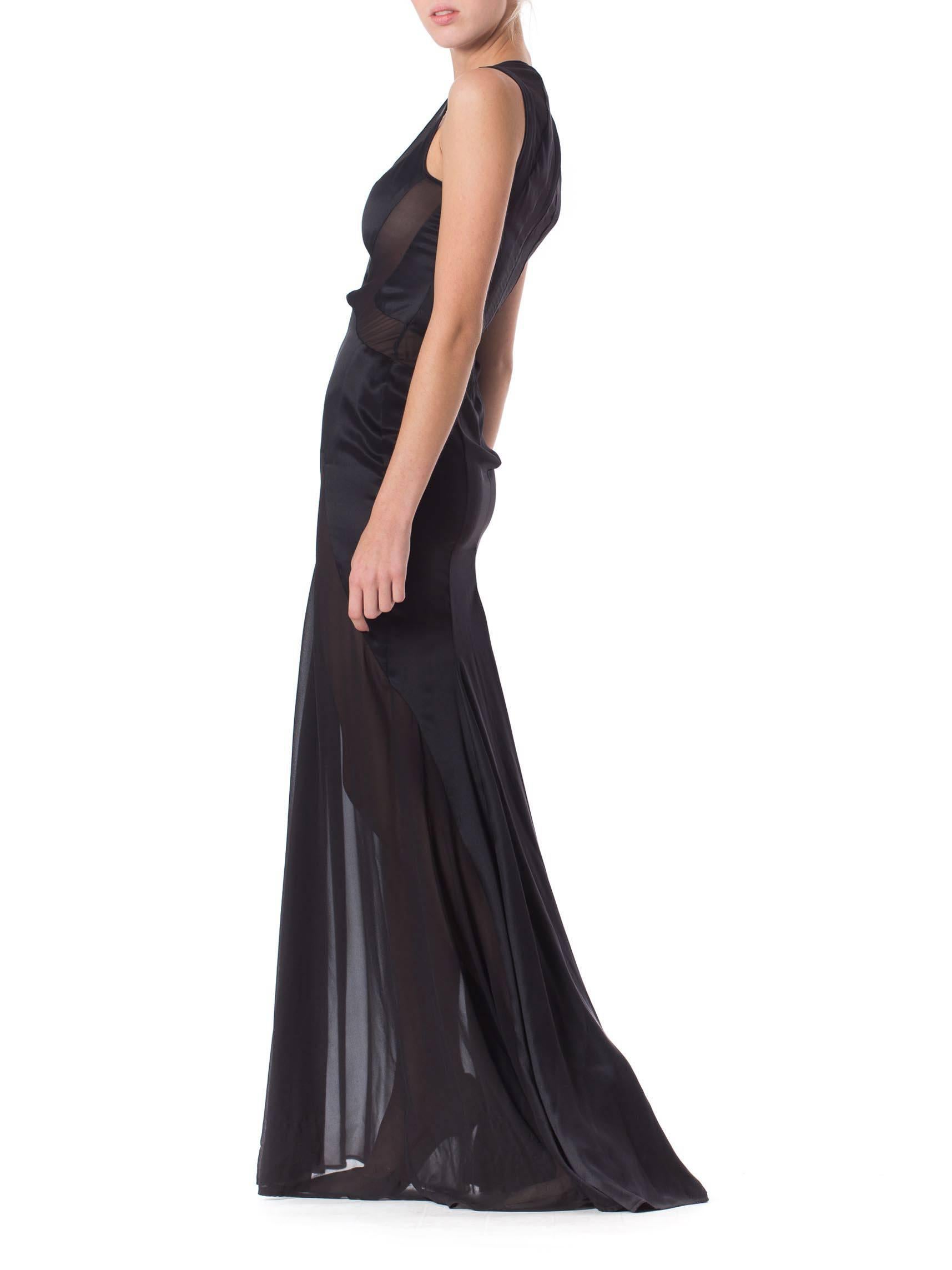 2000S VERSACE Black Silk Charmeuse Gown With Sheer Chiffon Peek-A-Boo Panels In Excellent Condition In New York, NY