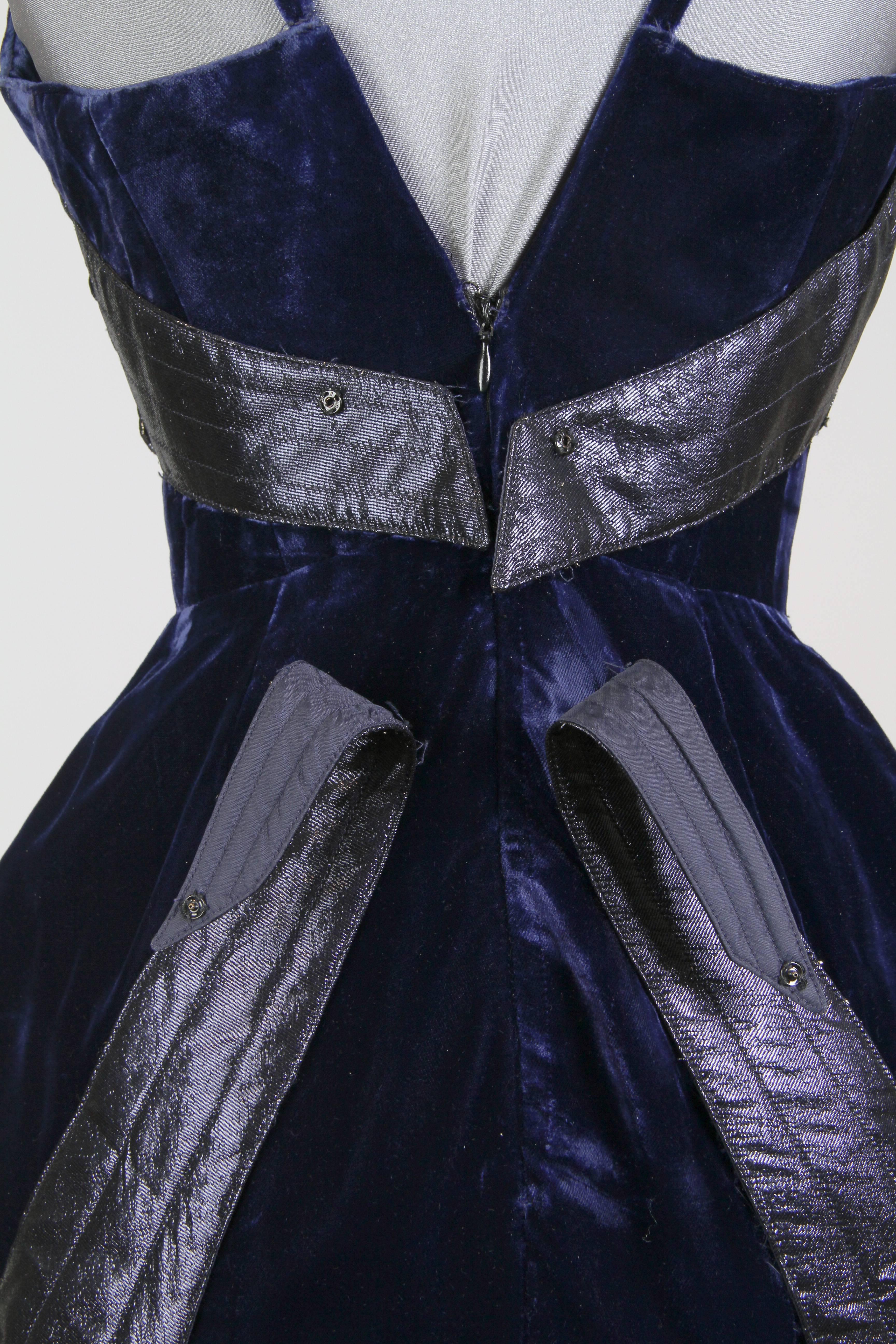 1980S THIERRY MUGLER Sapphire Blue  Rayon Velvet Cocktail Dress With Black Lamé 2