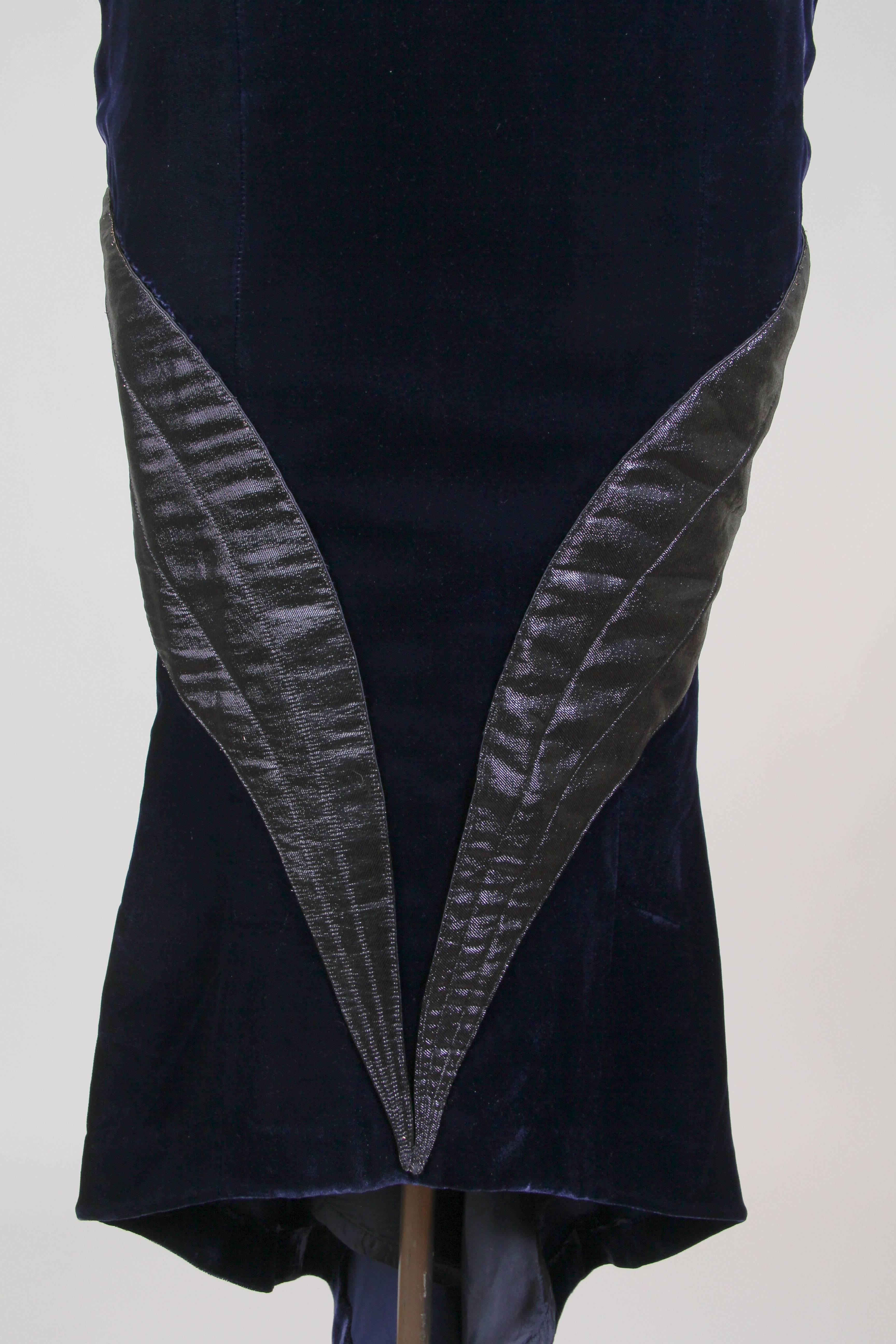 1980S THIERRY MUGLER Sapphire Blue  Rayon Velvet Cocktail Dress With Black Lamé 1