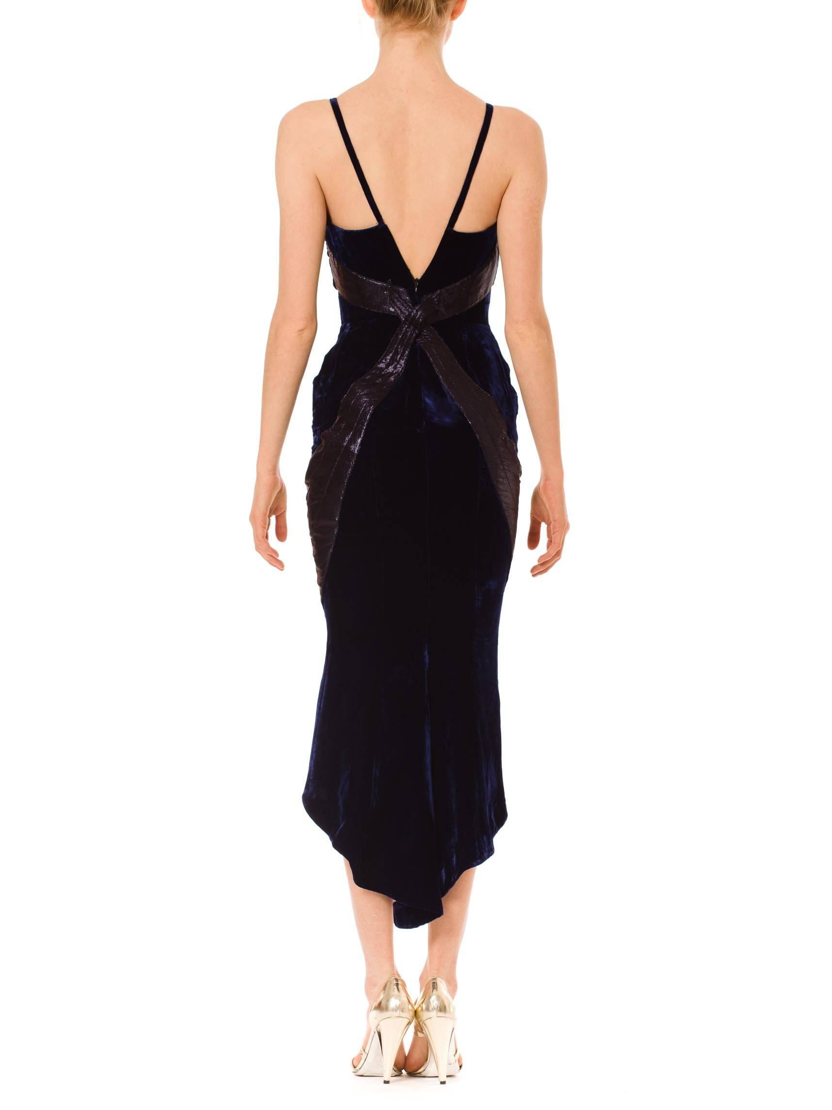 1980S THIERRY MUGLER Sapphire Blue  Rayon Velvet Cocktail Dress With Black Lamé In Excellent Condition In New York, NY