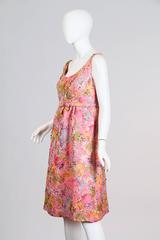1960 Pink Silk Watercolor Floral Damask Cocktail Dress With Crystals